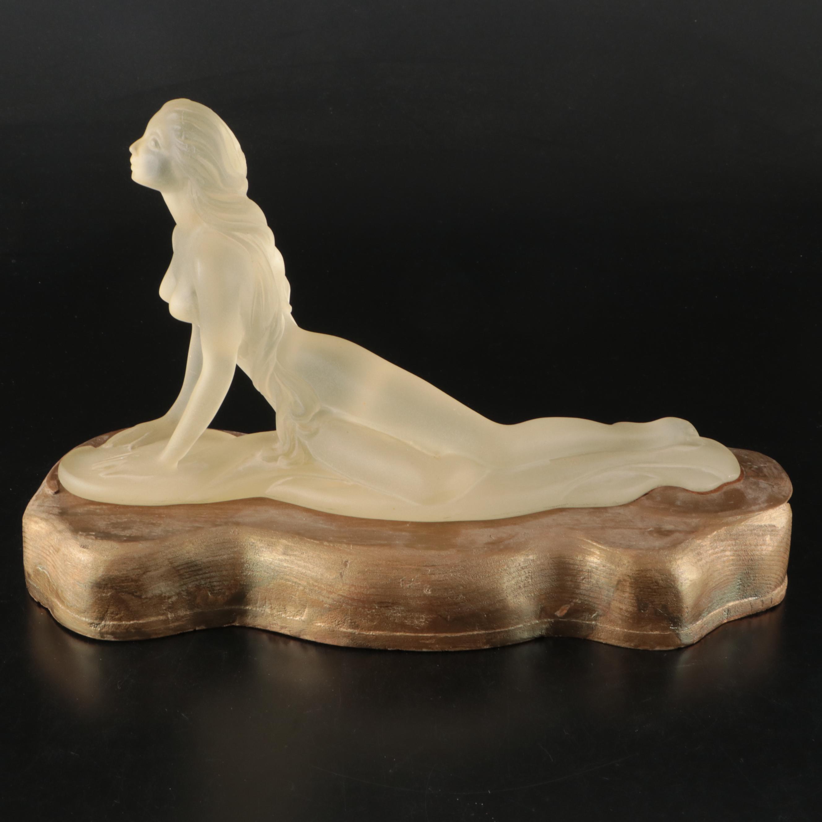 Mirage Frosted Lucite Reclining Female Nude Figure on Giltwood Base, 1986
