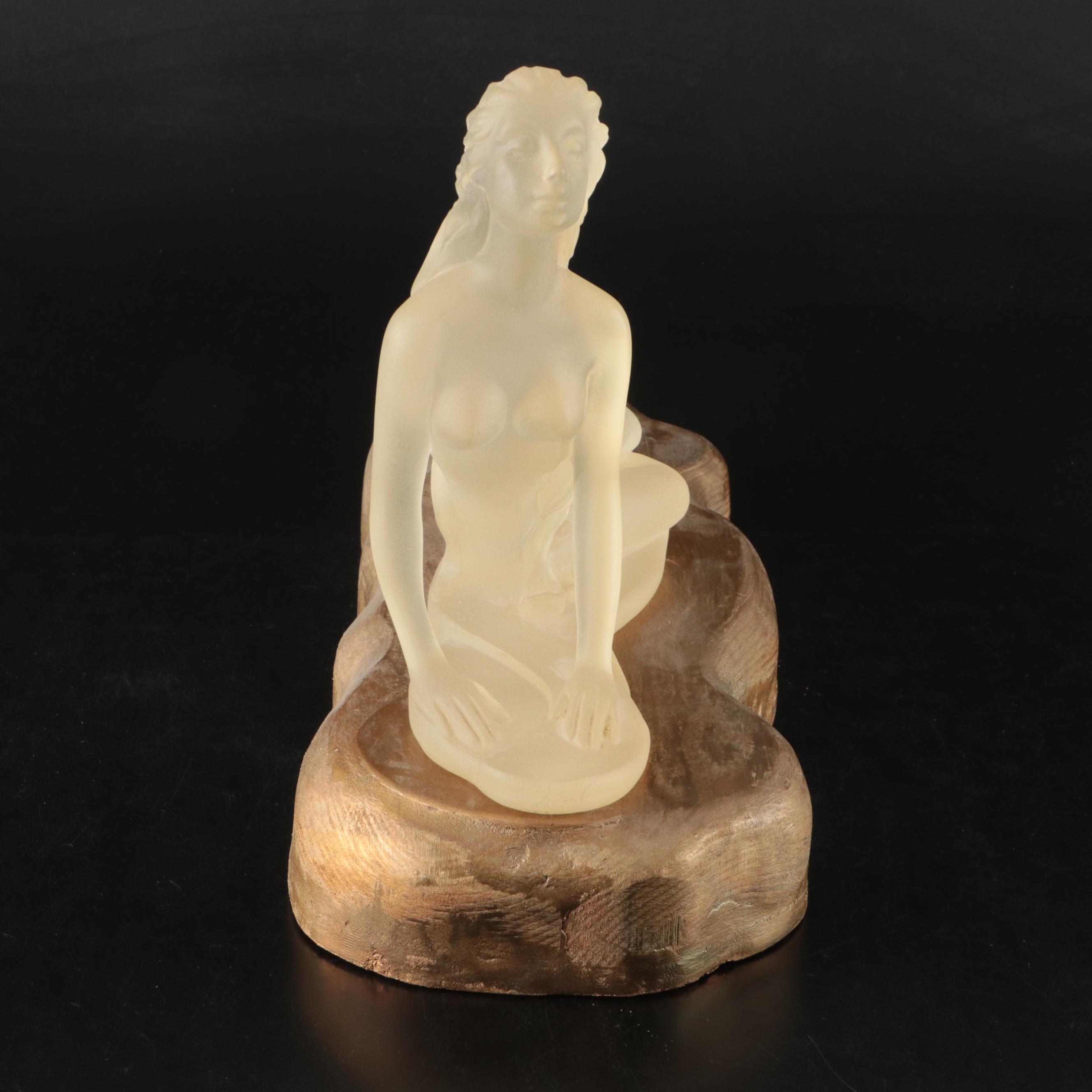 Mirage Frosted Lucite Reclining Female Nude Figure on Giltwood Base, 1986