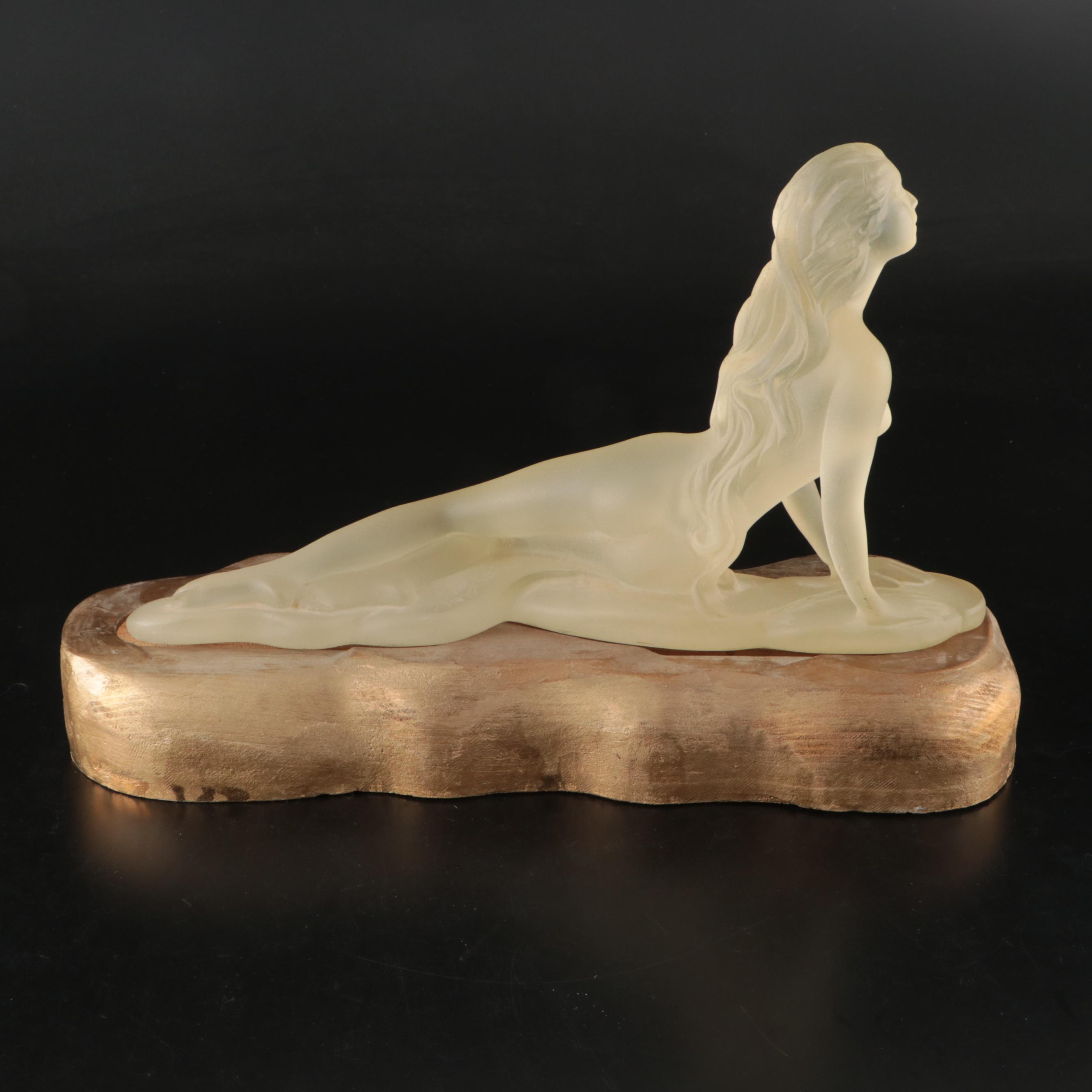 Mirage Frosted Lucite Reclining Female Nude Figure on Giltwood Base, 1986