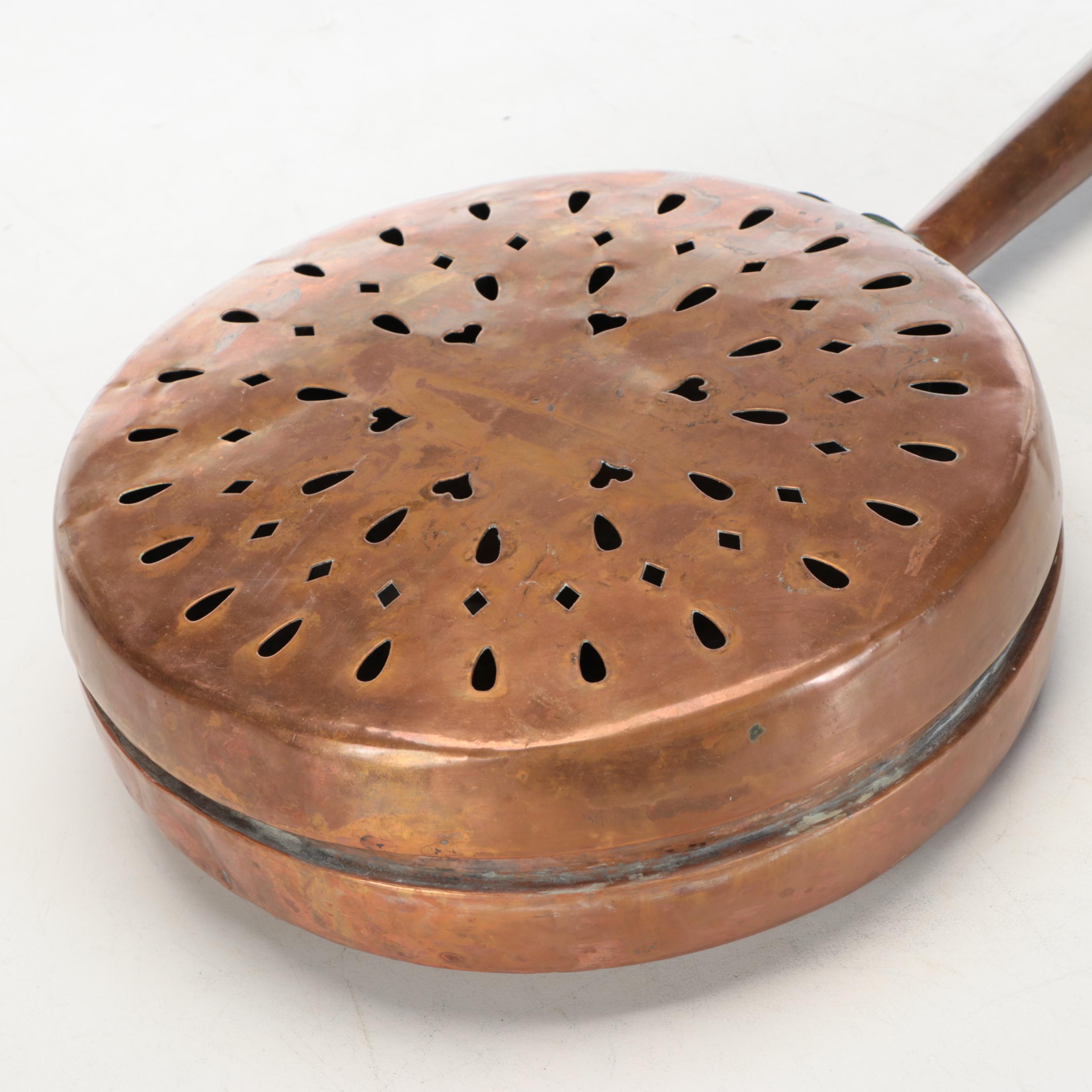 Victorian Pierced Copper Bed Warmer with Turned Wood Long Handle