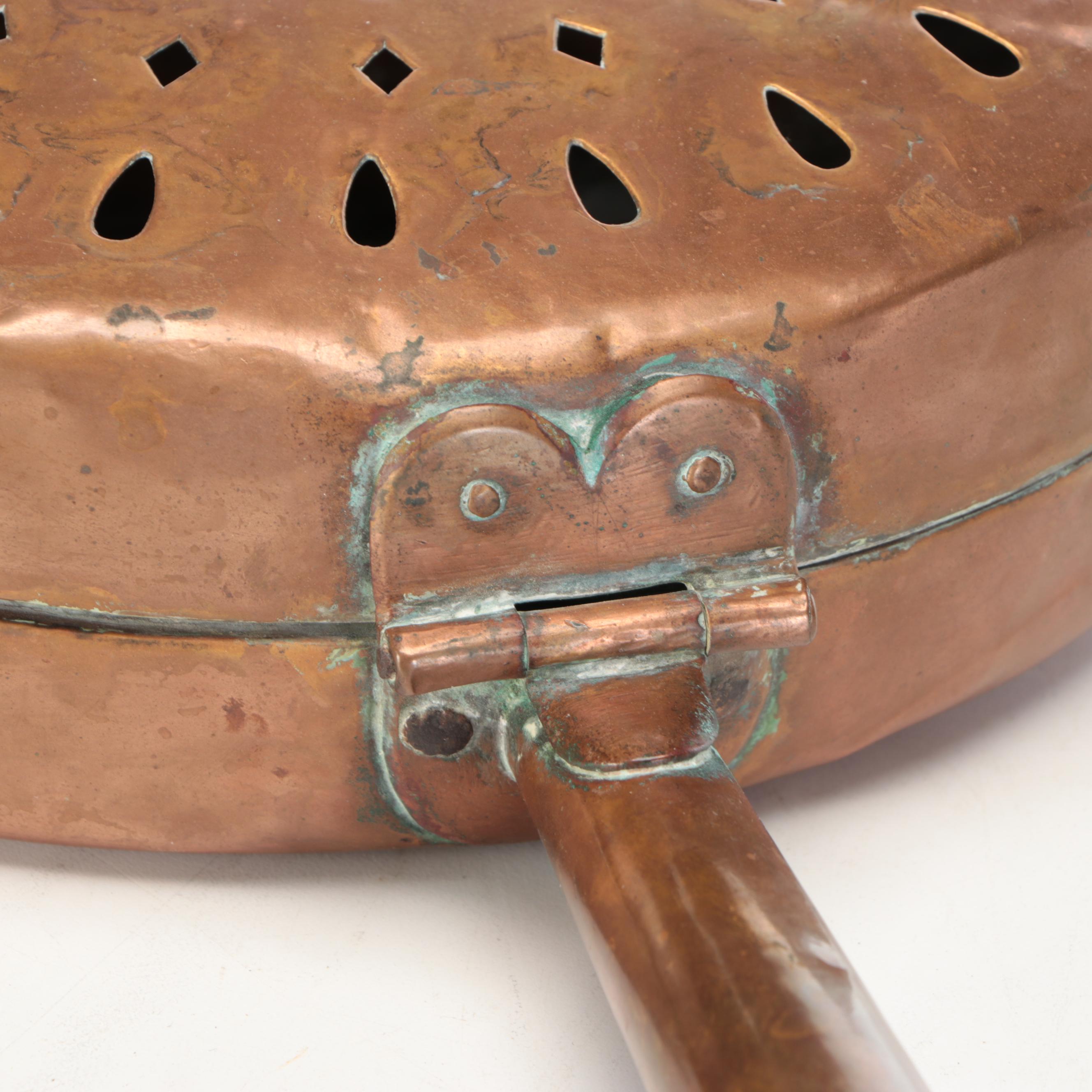 Victorian Pierced Copper Bed Warmer with Turned Wood Long Handle