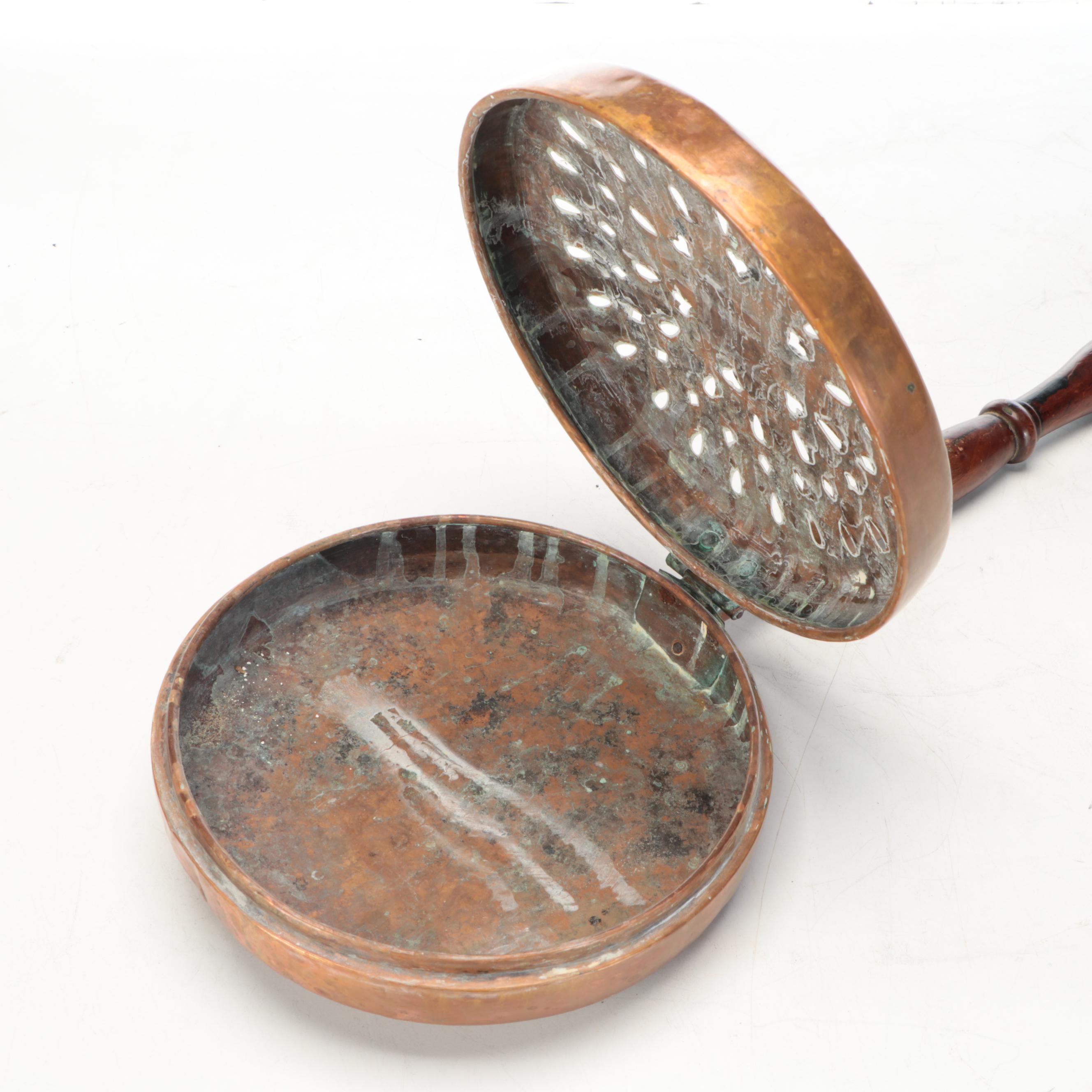 Victorian Pierced Copper Bed Warmer with Turned Wood Long Handle