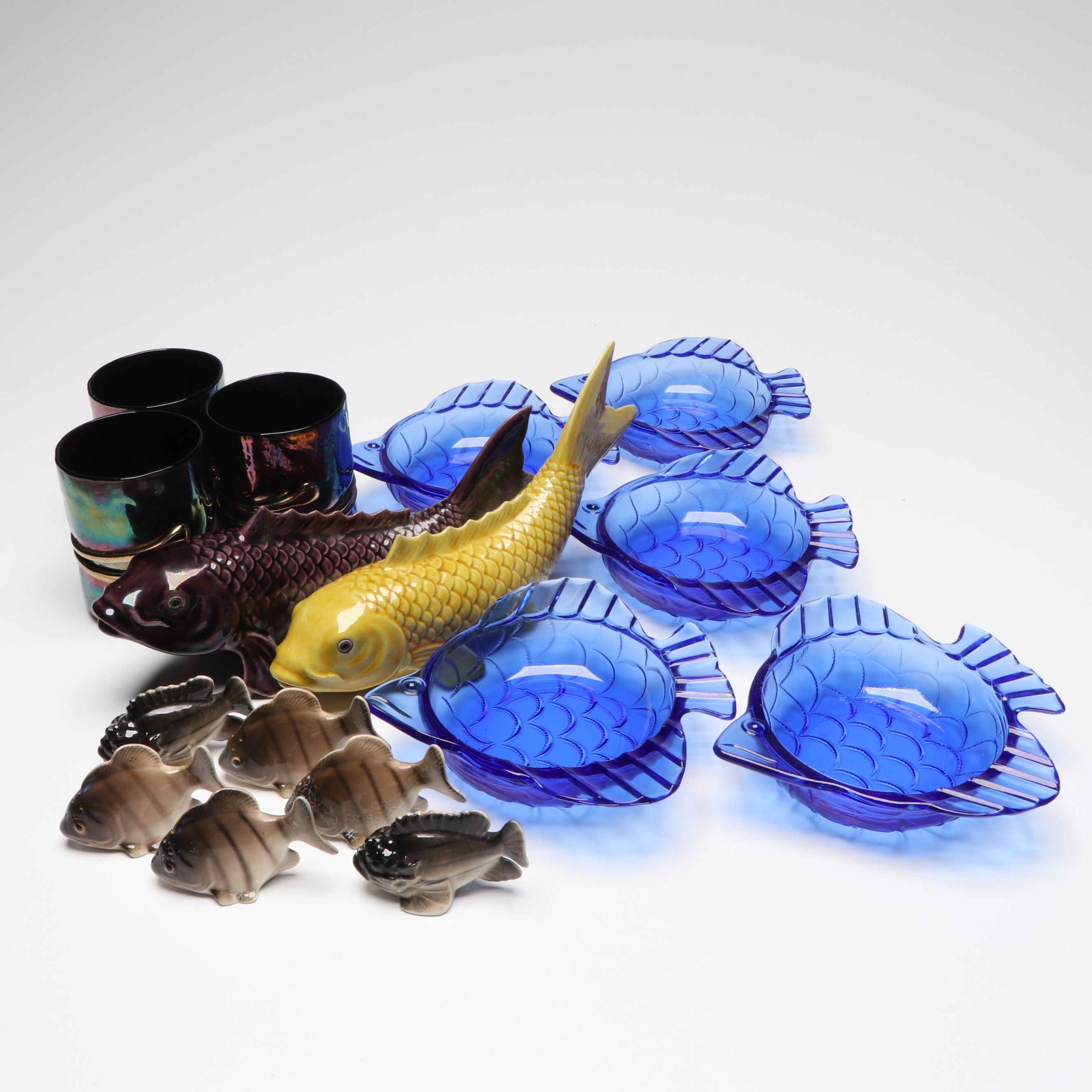 Japanese Kutani Ware Koi Fish with Shakers and Bowls