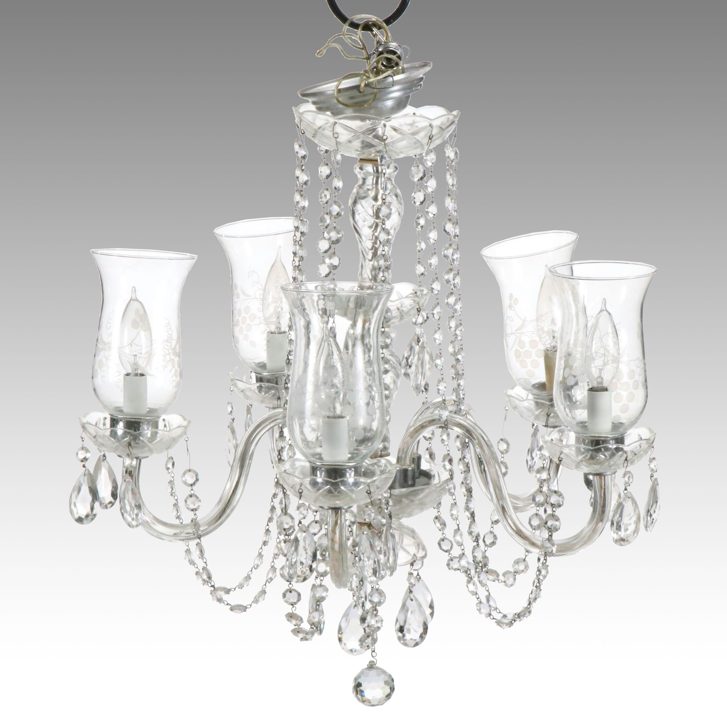 Venetian Style Five-Arm Chandelier with Etched Glass Hurricanes