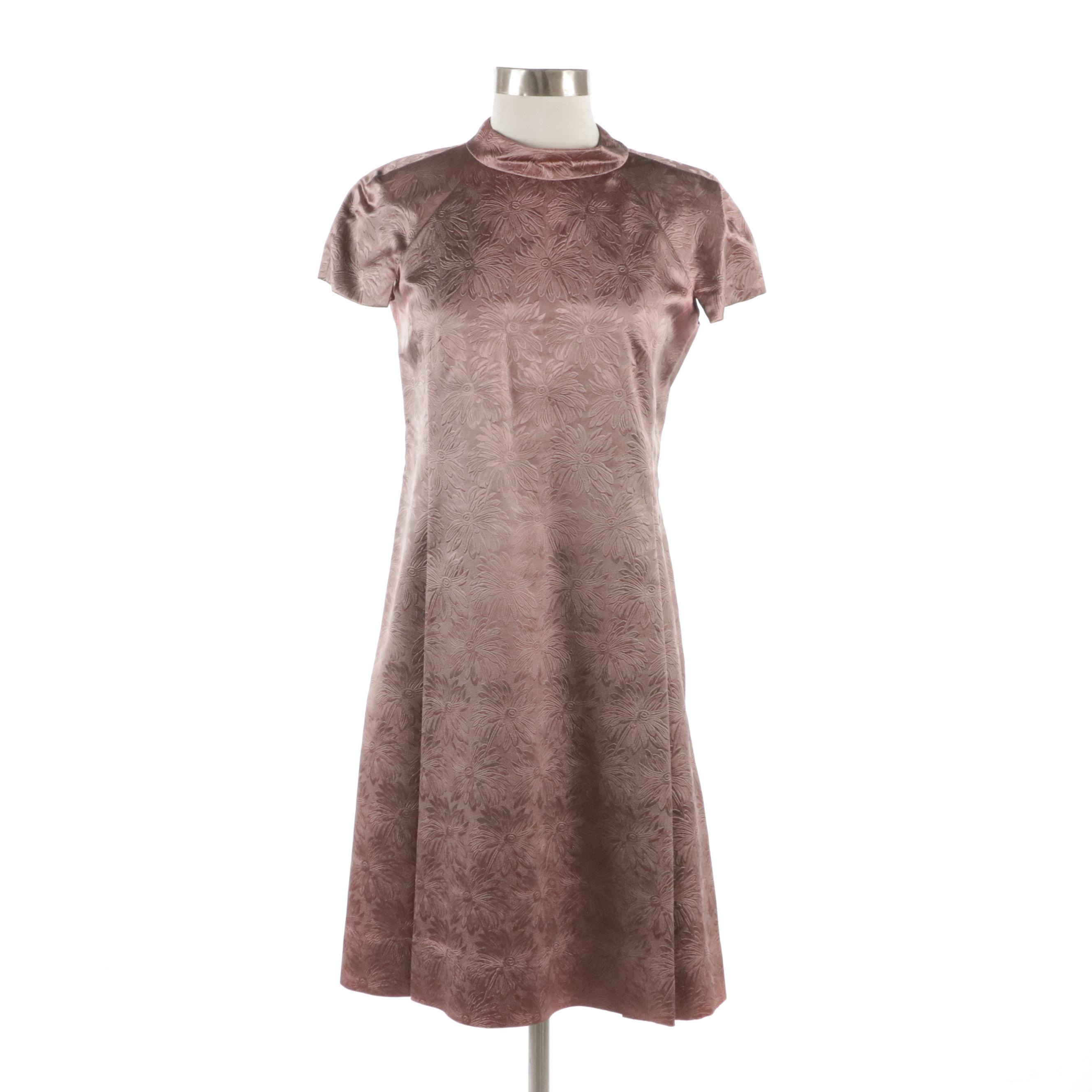 Vintage Shiny Mauve Floral Jacquard Dress Set with Mink Fur Trim