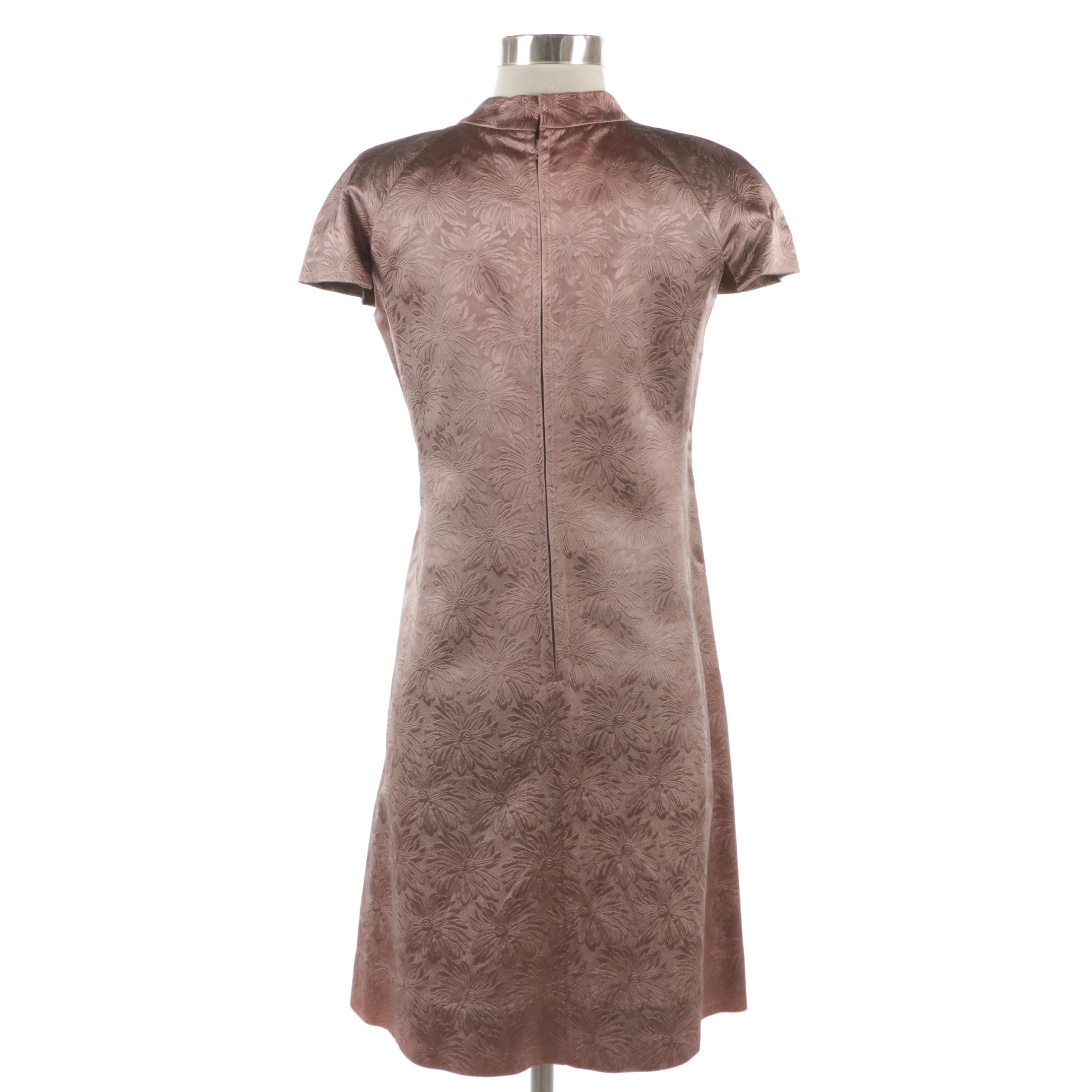 Vintage Shiny Mauve Floral Jacquard Dress Set with Mink Fur Trim