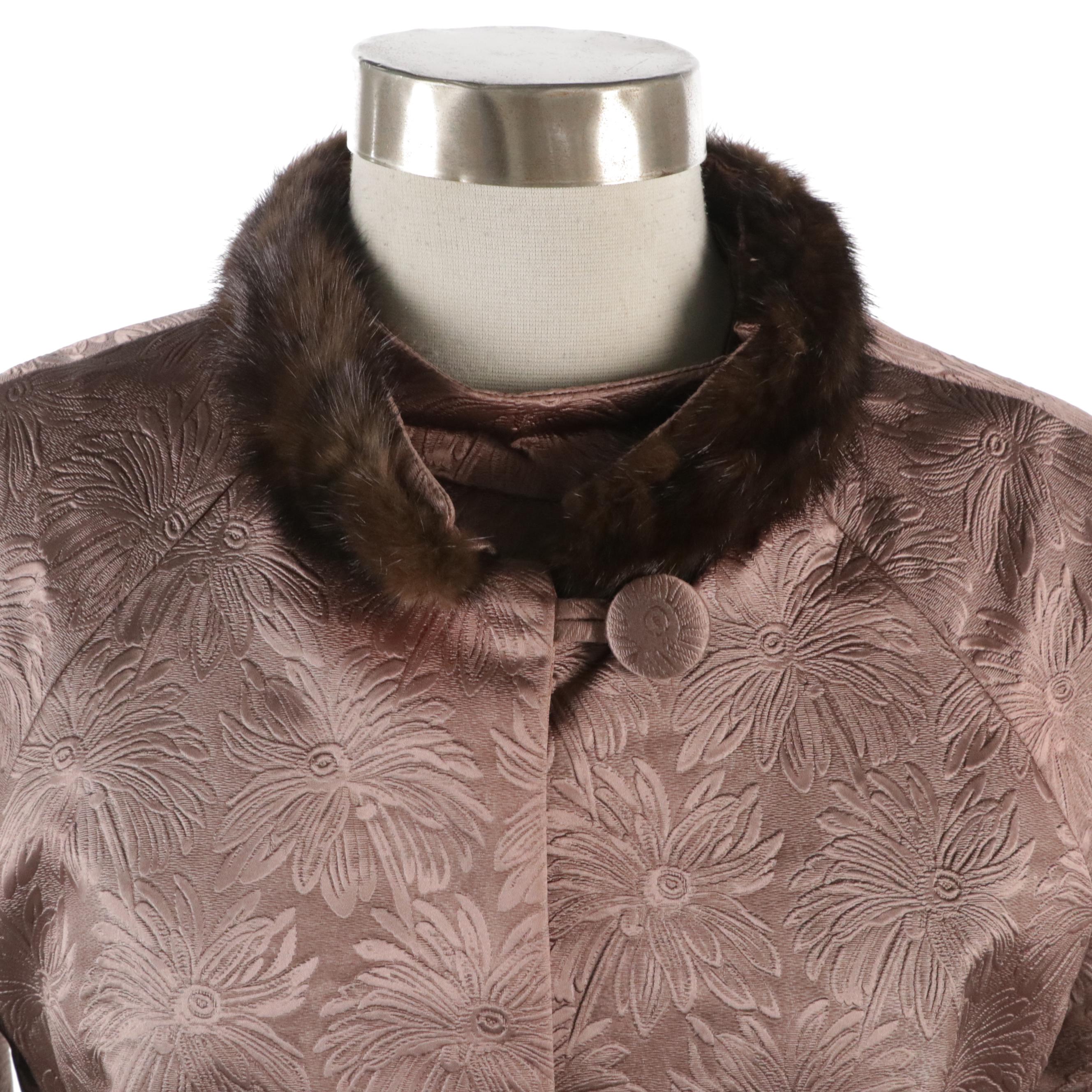 Vintage Shiny Mauve Floral Jacquard Dress Set with Mink Fur Trim