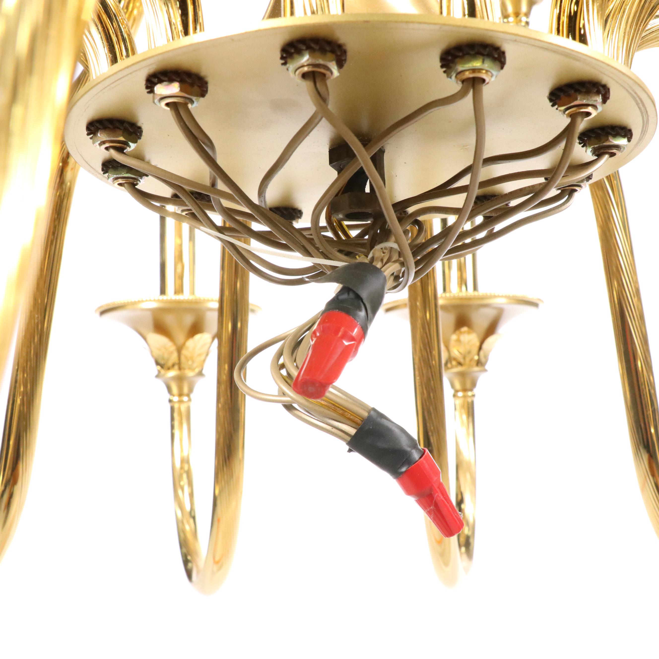 Italian F. Fabbian Ribbed Gilt Metal Double Tier Chandelier, Late 20th Century