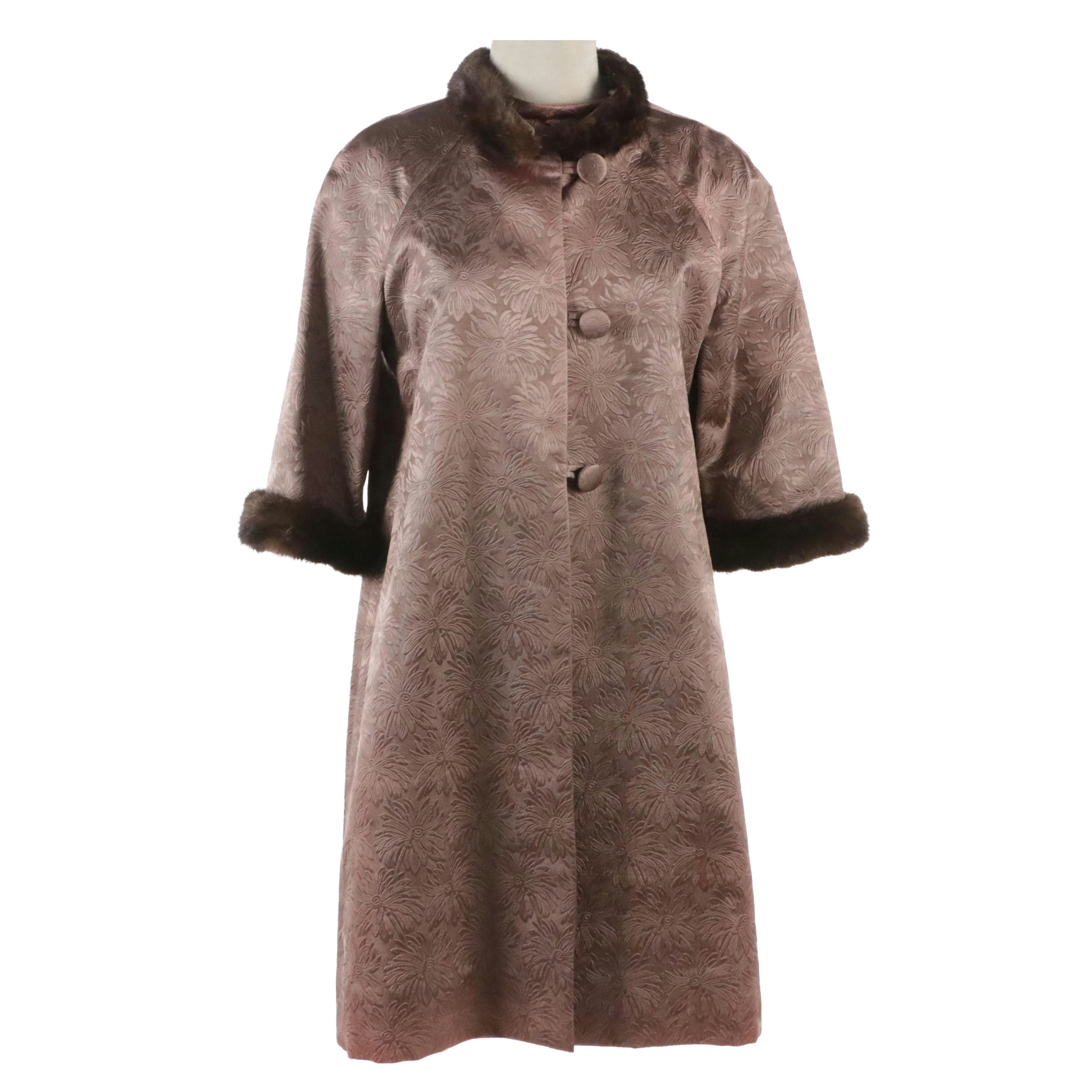 Vintage Shiny Mauve Floral Jacquard Dress Set with Mink Fur Trim