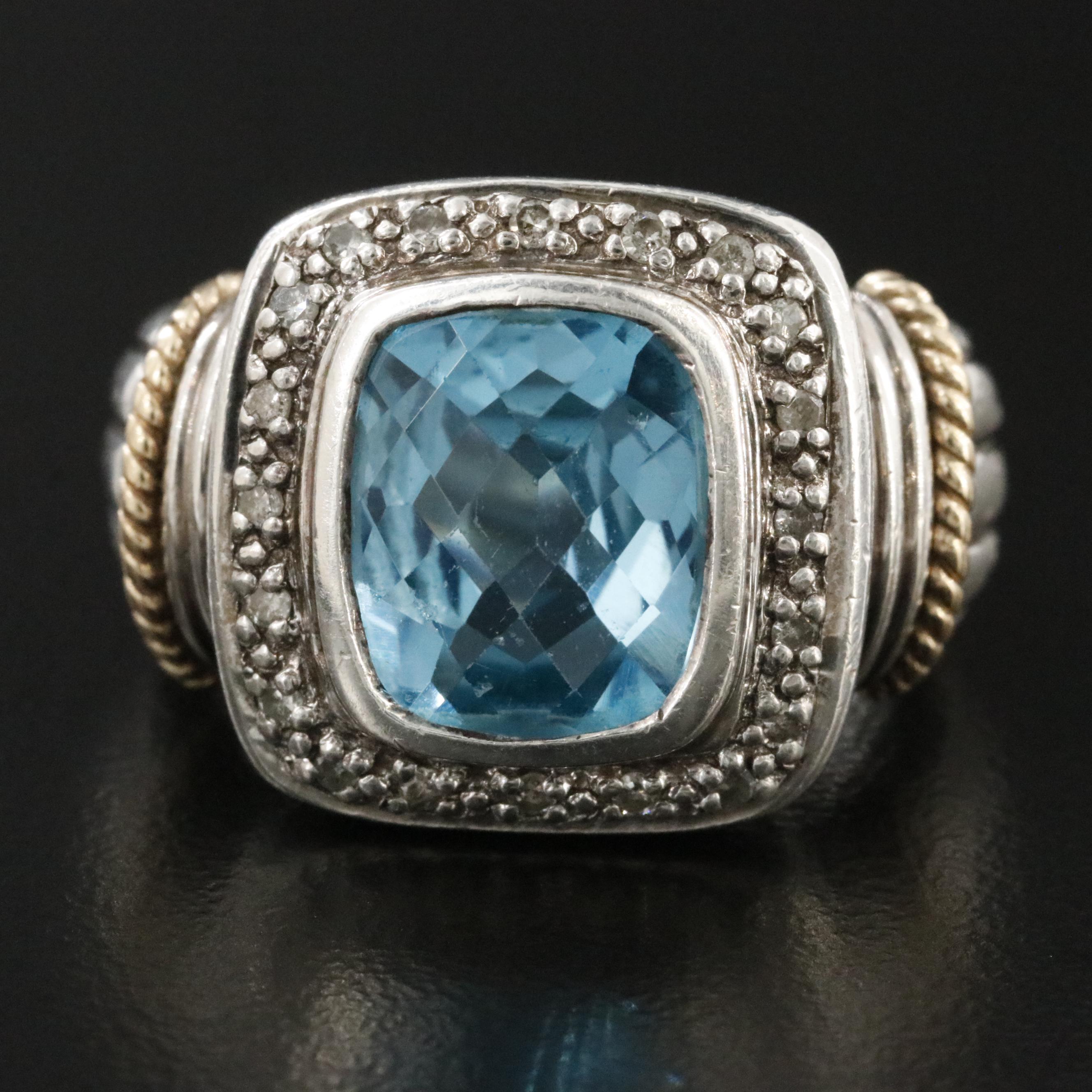 Sterling Blue Topaz and Diamond Ring with 14K Accents