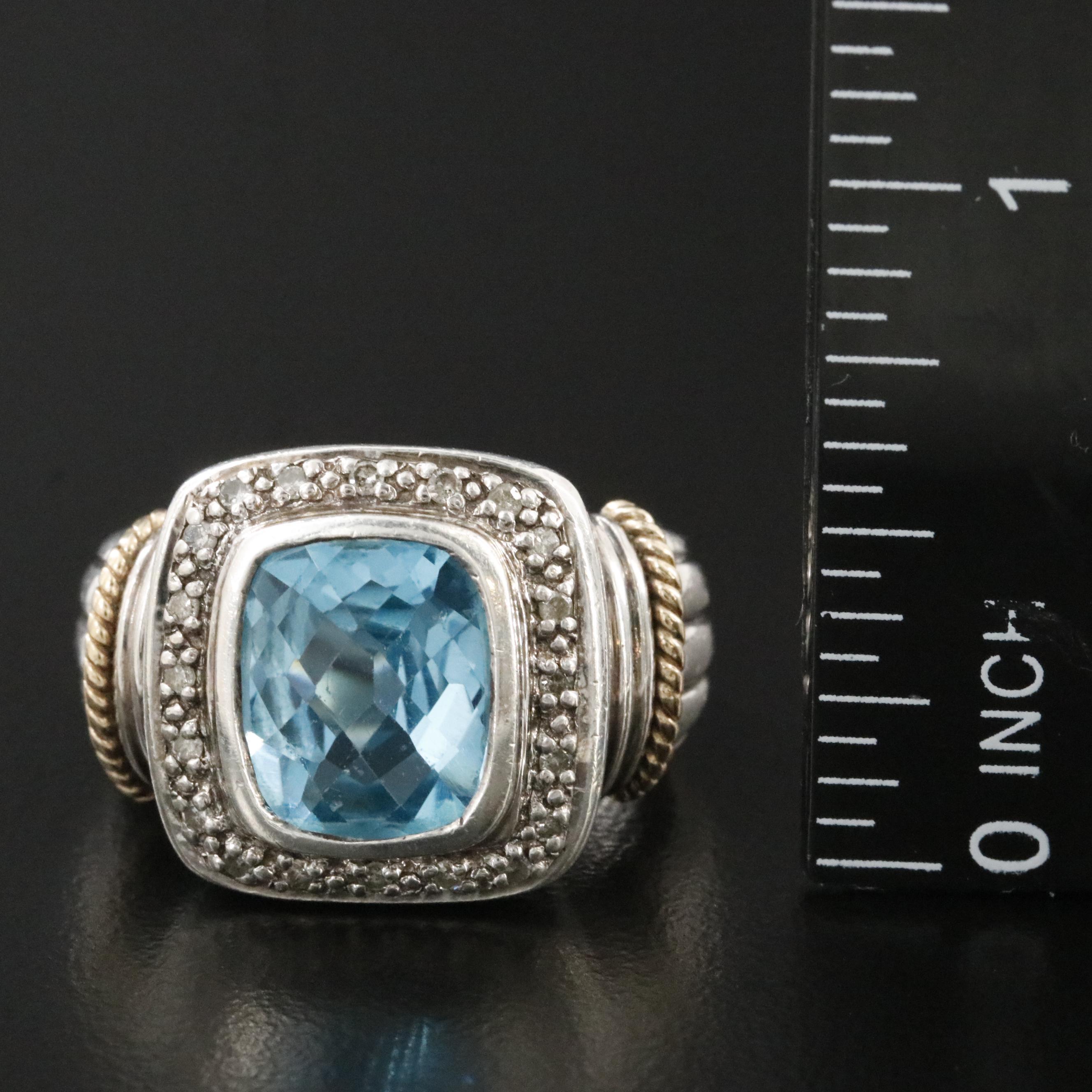 Sterling Blue Topaz and Diamond Ring with 14K Accents