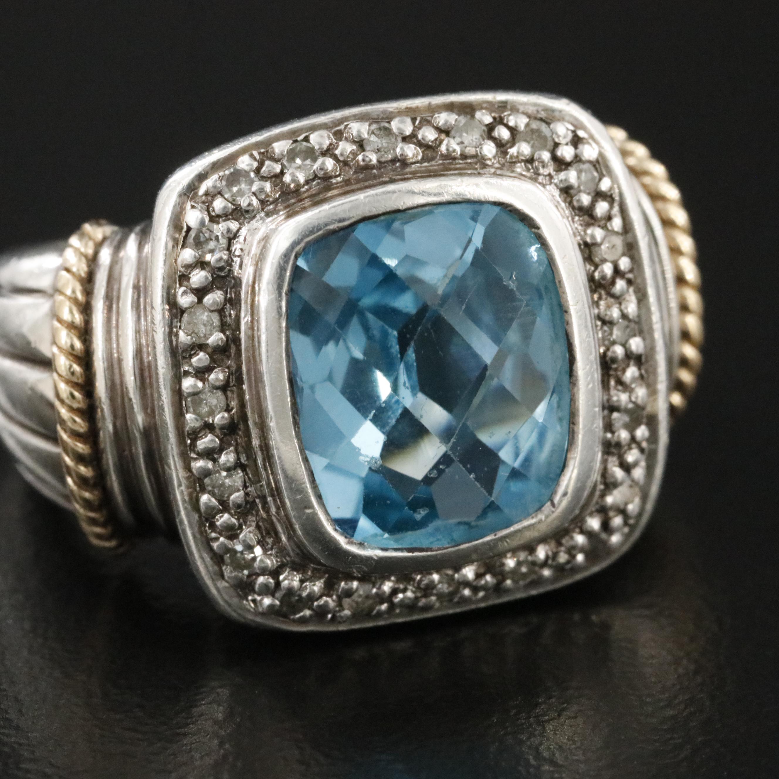 Sterling Blue Topaz and Diamond Ring with 14K Accents