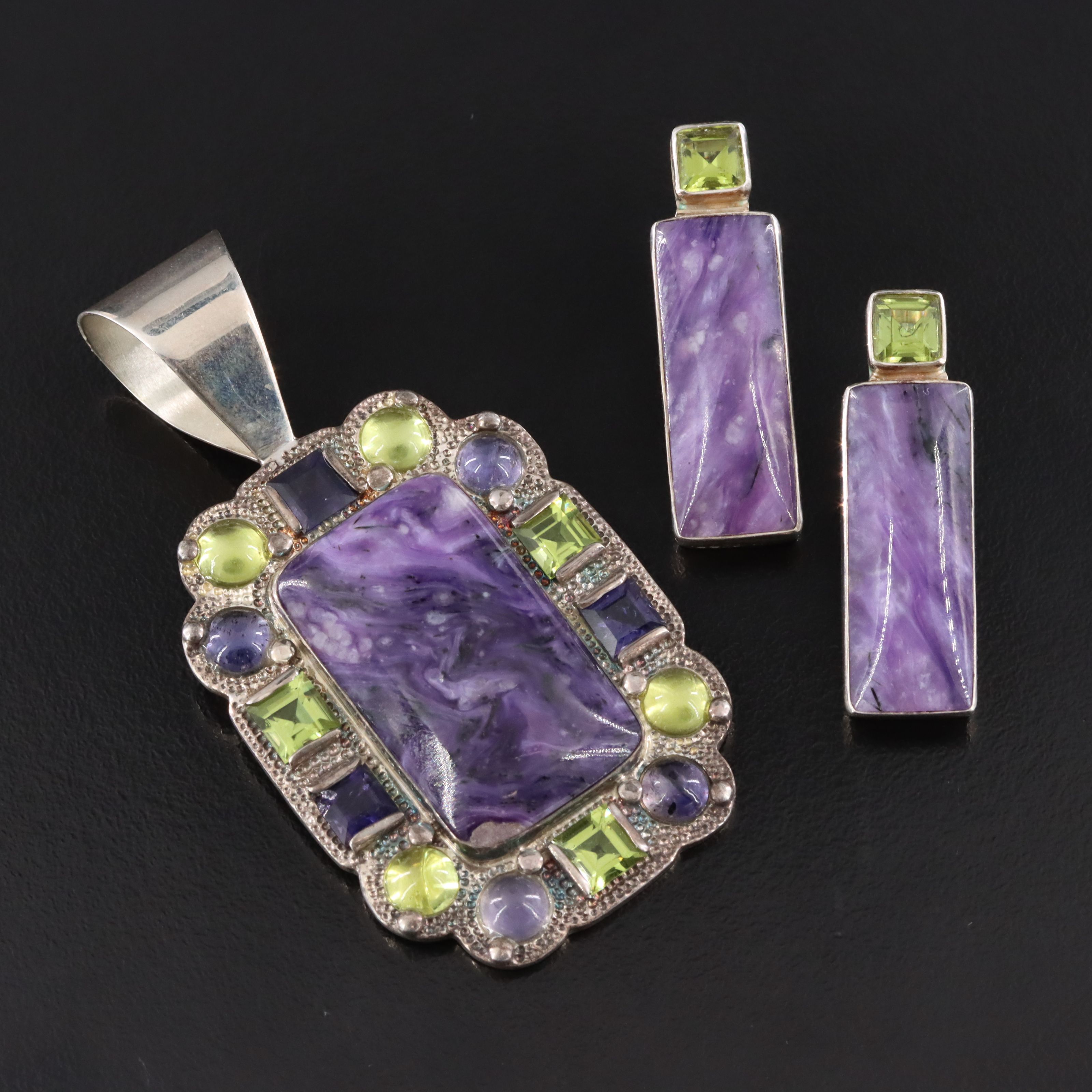 Desert Rose Trading Sterling Charoite, Peridot and Iolite Pendant and Earrings
