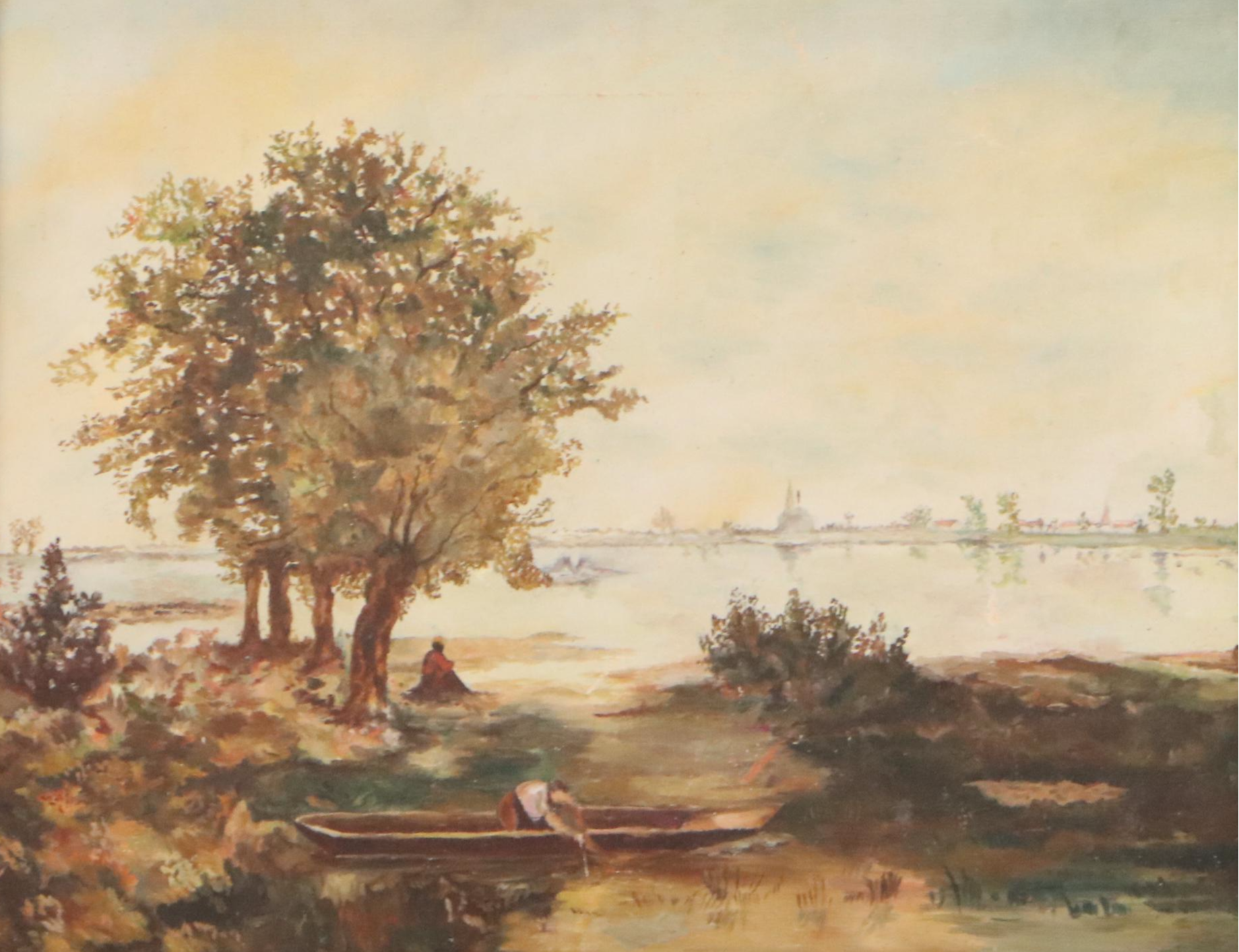 Oil Painting of Figures Along the Shoreline, Early 20th Century
