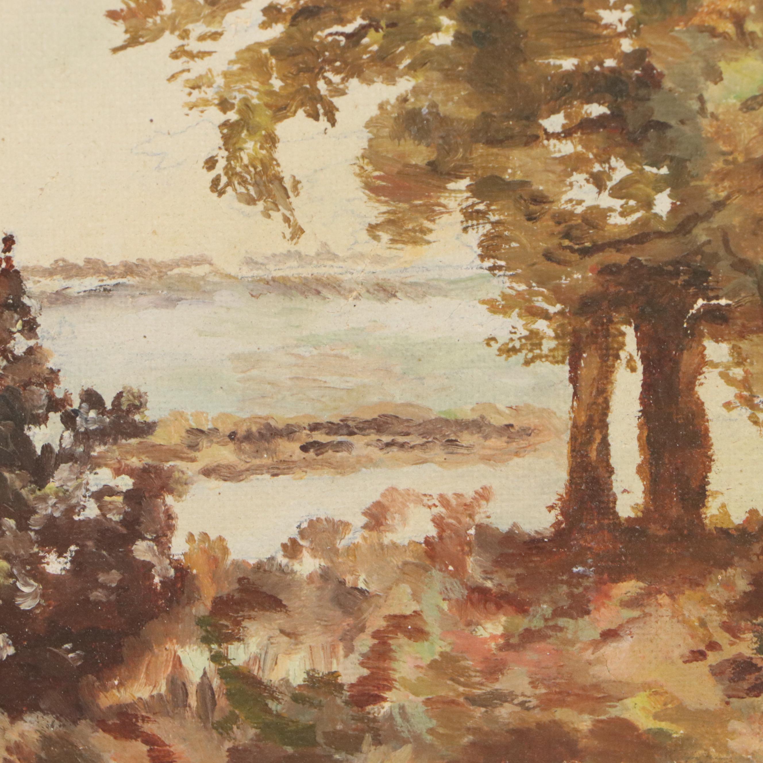 Oil Painting of Figures Along the Shoreline, Early 20th Century