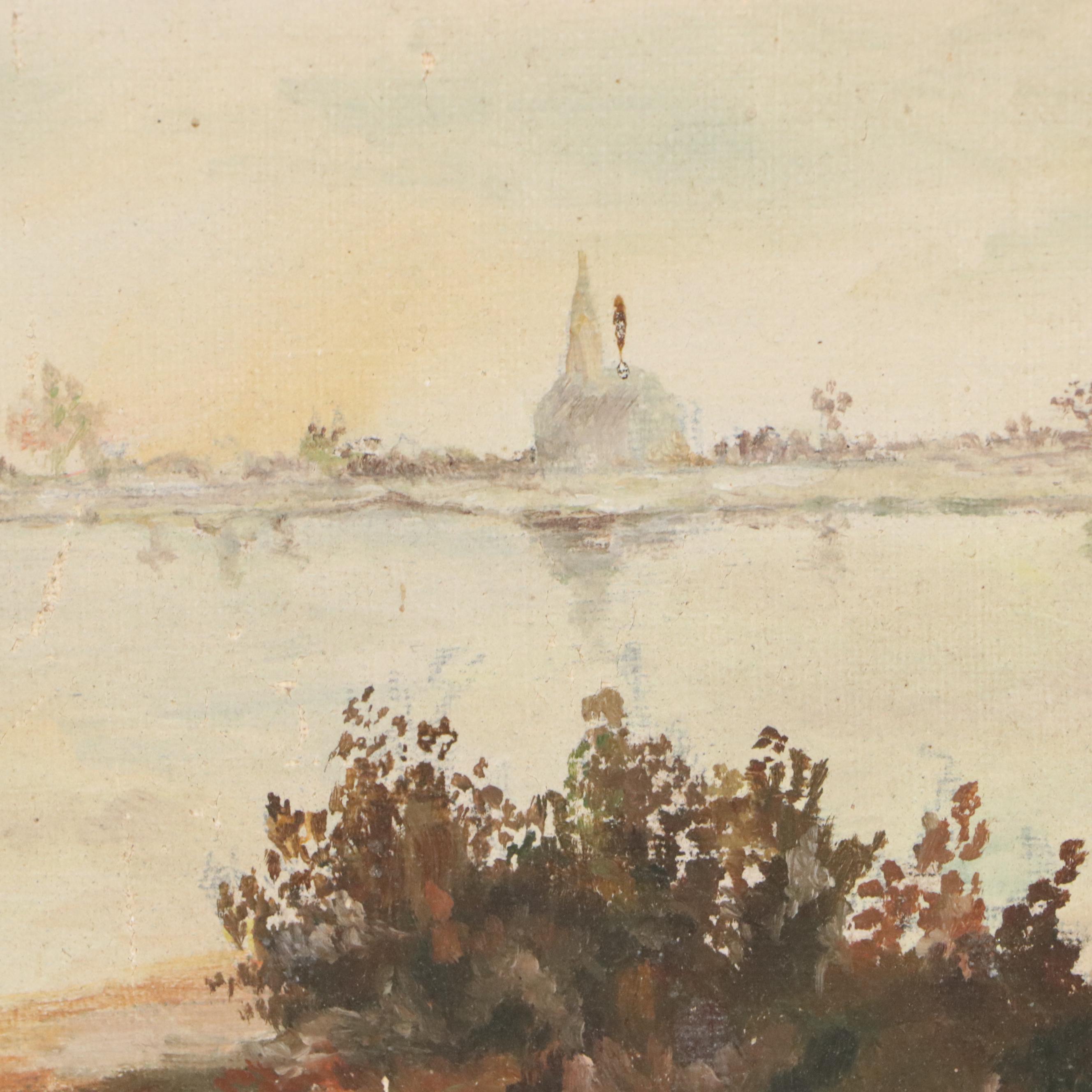 Oil Painting of Figures Along the Shoreline, Early 20th Century