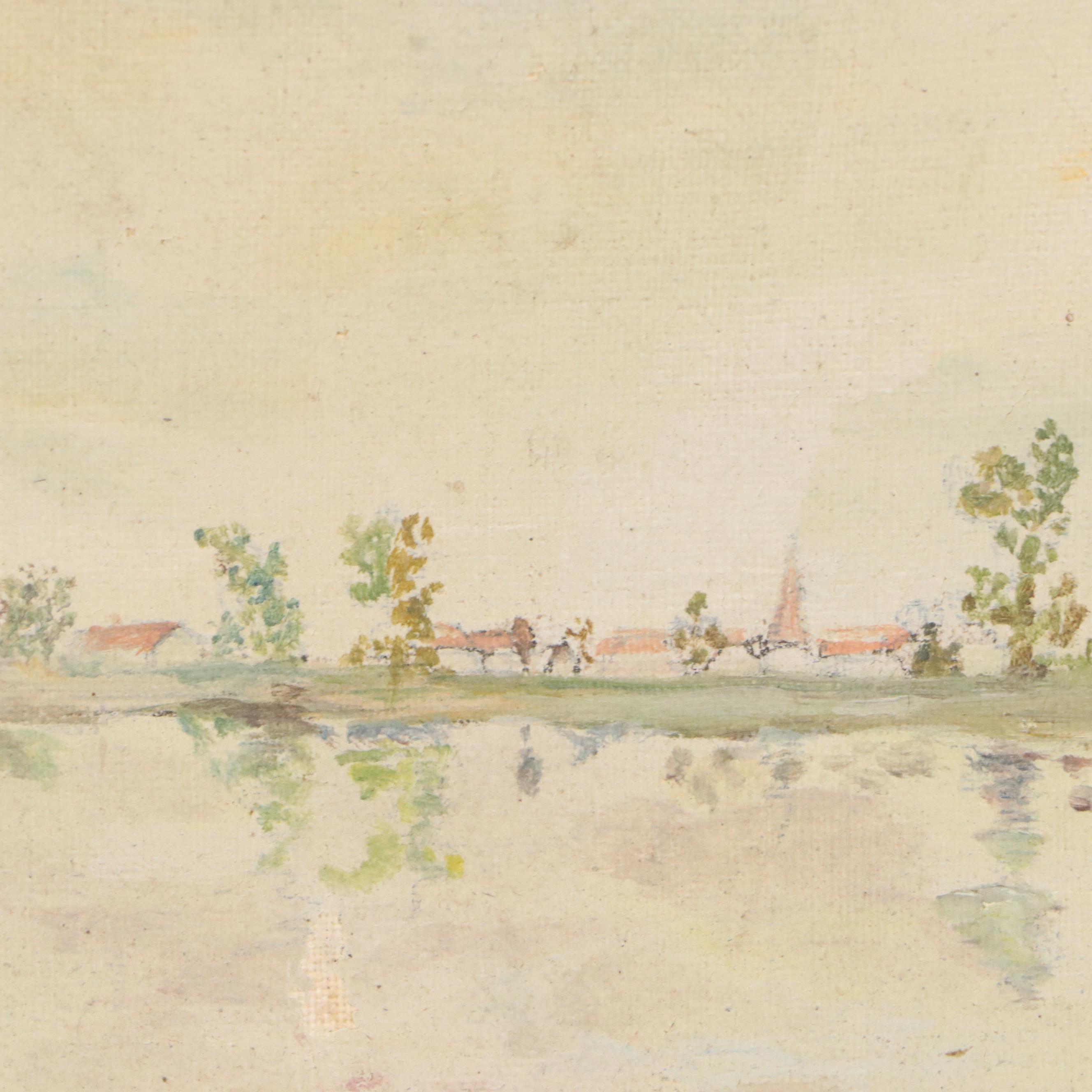 Oil Painting of Figures Along the Shoreline, Early 20th Century