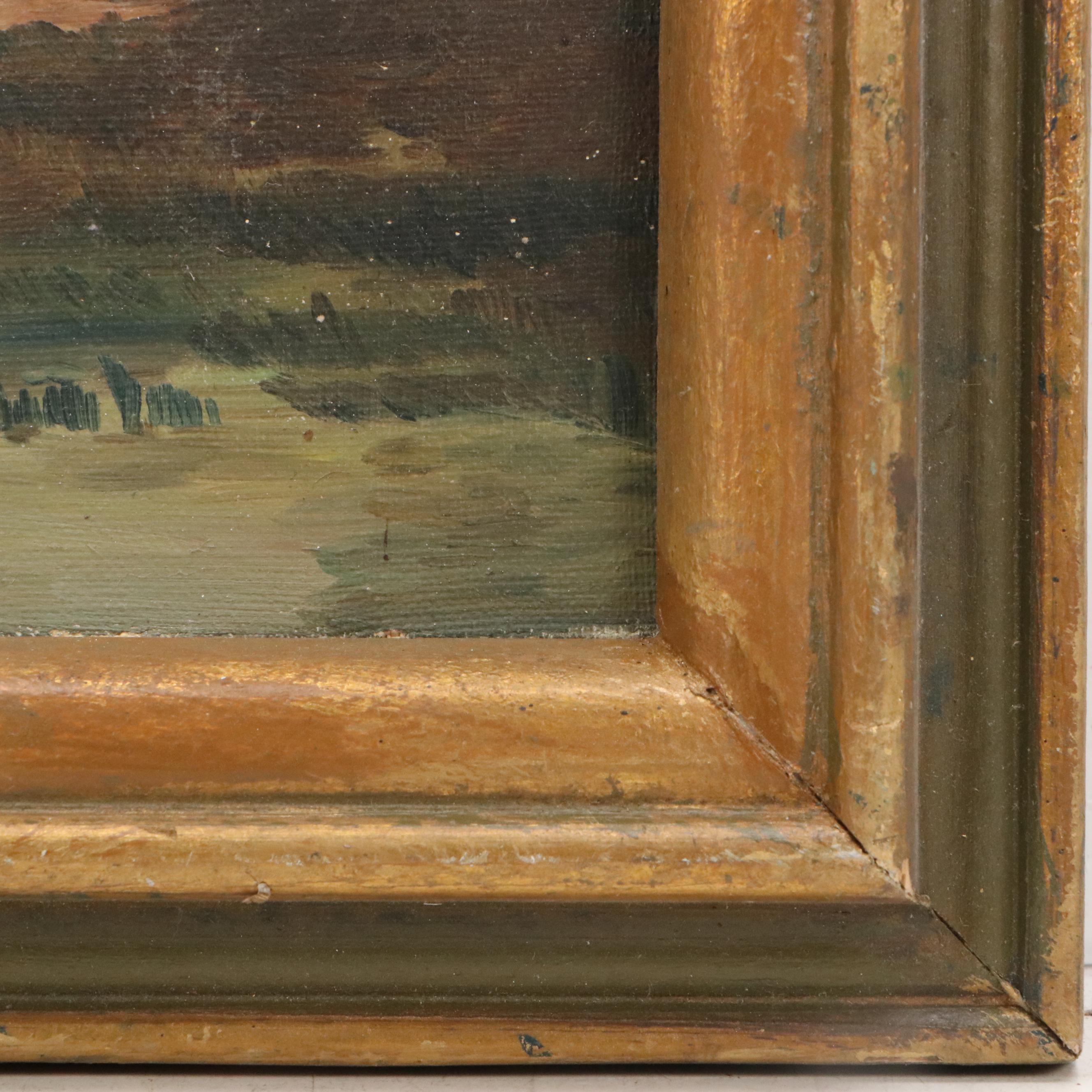 Oil Painting of Figures Along the Shoreline, Early 20th Century