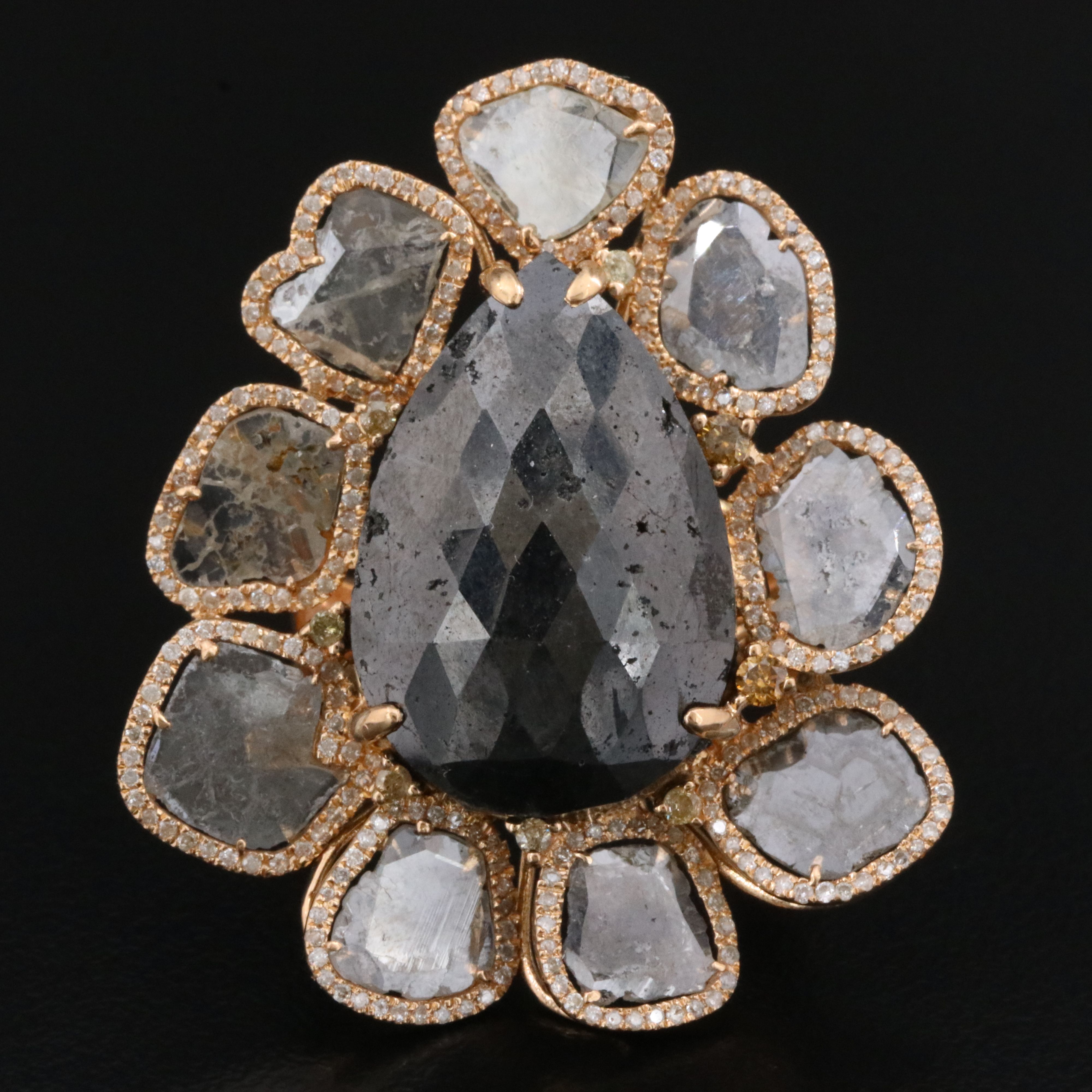 18K Rose Gold Fancy Black and White Diamond Ring with 10.34 CT Center