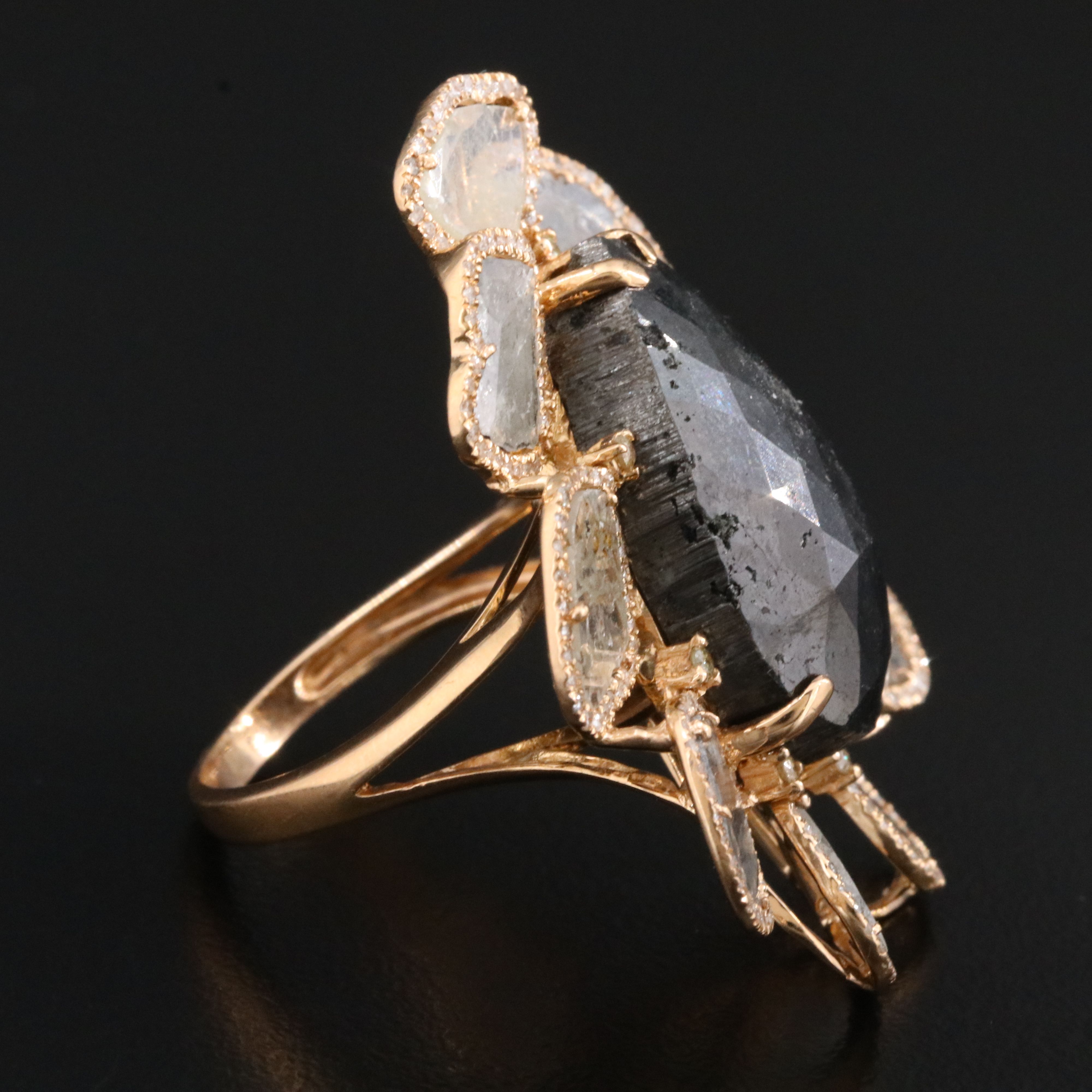 18K Rose Gold Fancy Black and White Diamond Ring with 10.34 CT Center