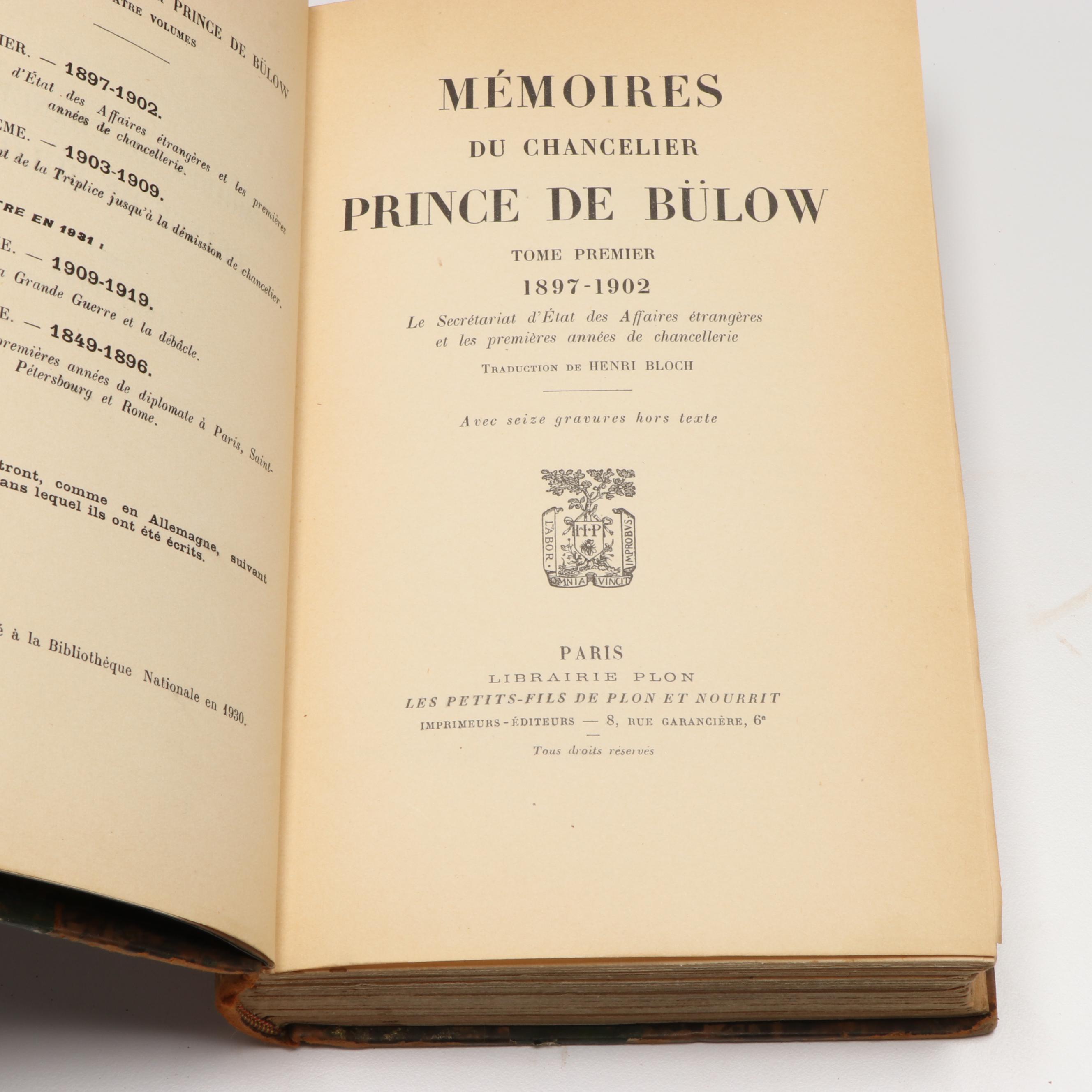 "Mémoires du Chancelier Prince de Bülow" Volumes 1-4 with More French Books