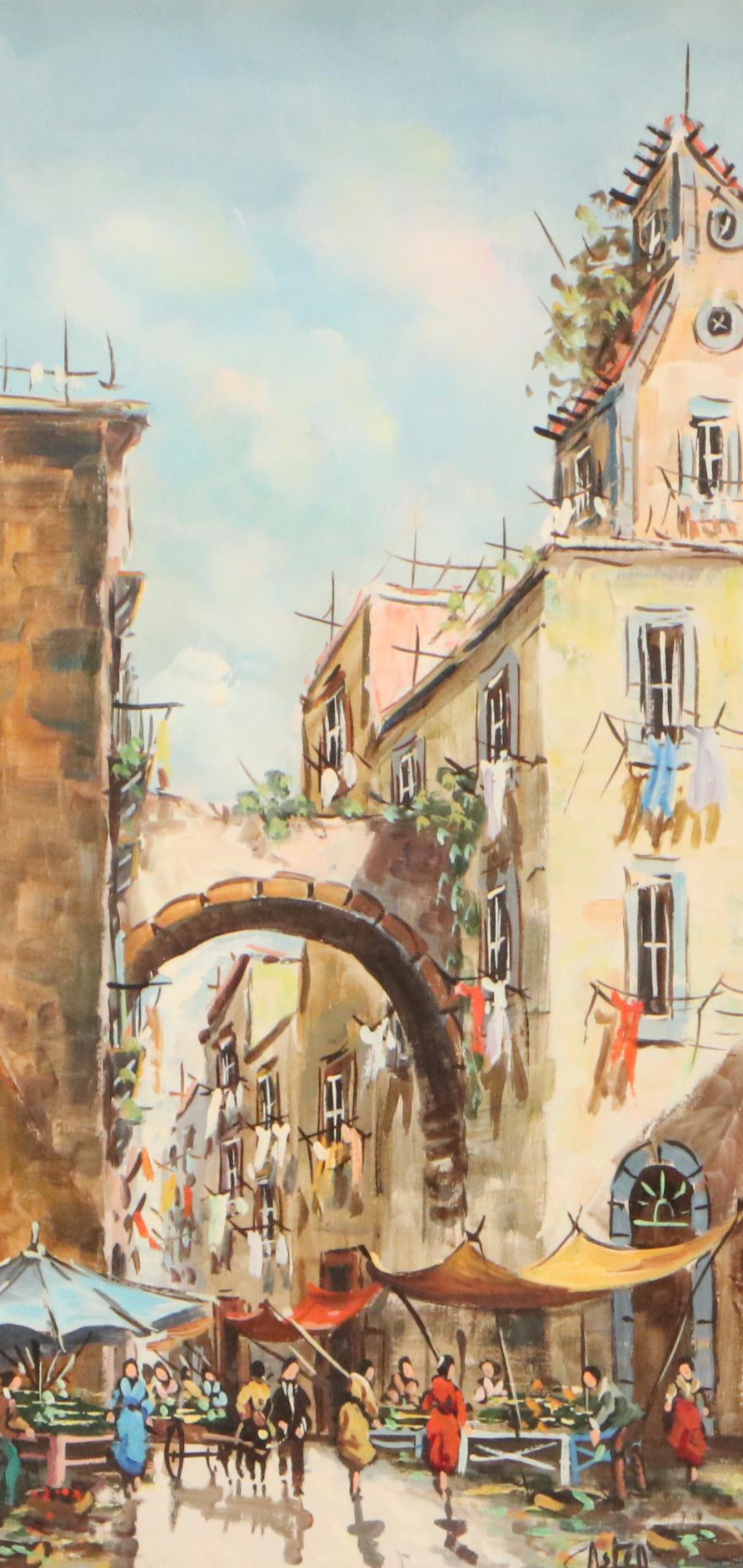 Oil Painting of Mediterranean Street Scene, 20th Century