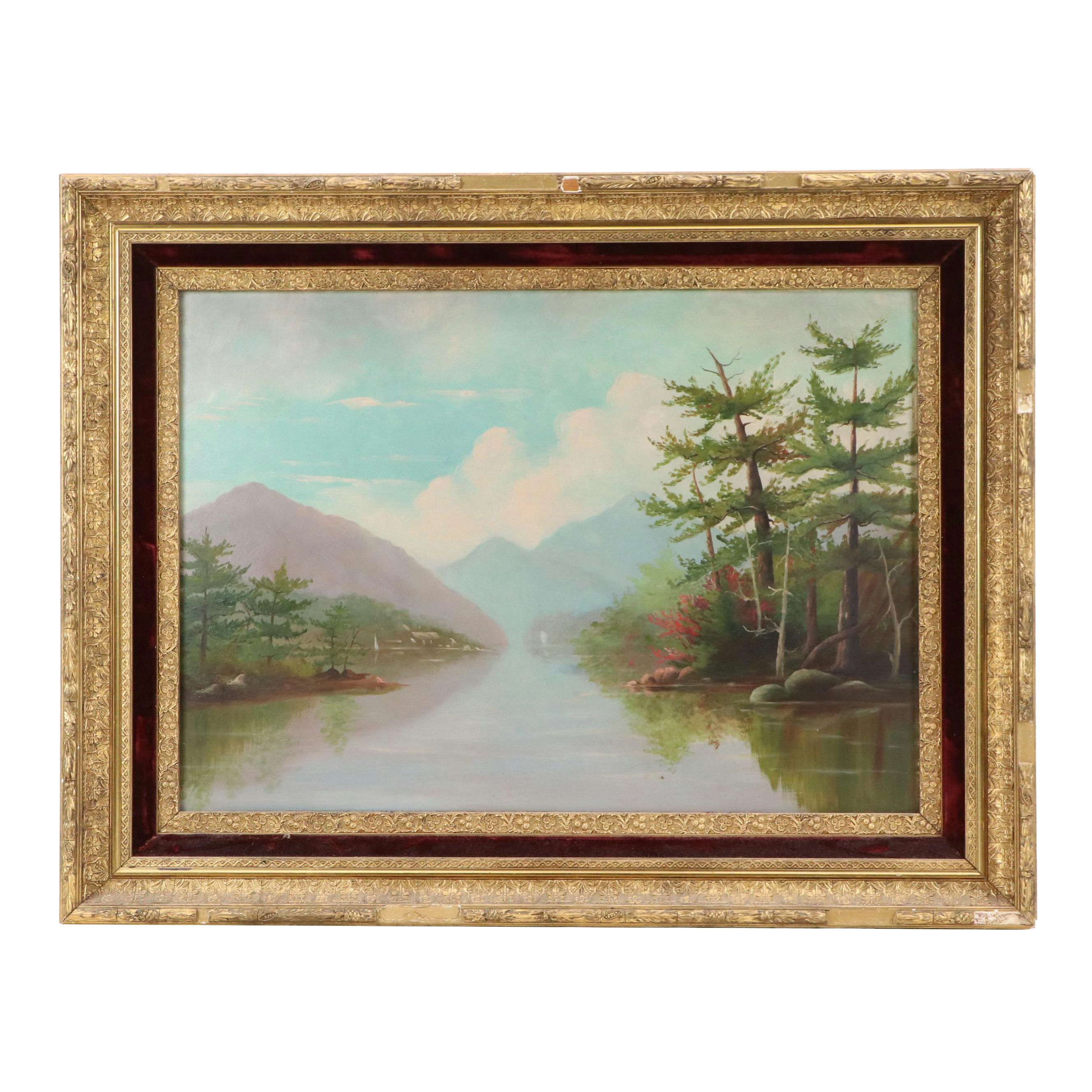 Oil Painting of Mountain Lake with Trees, Mid-20th Century