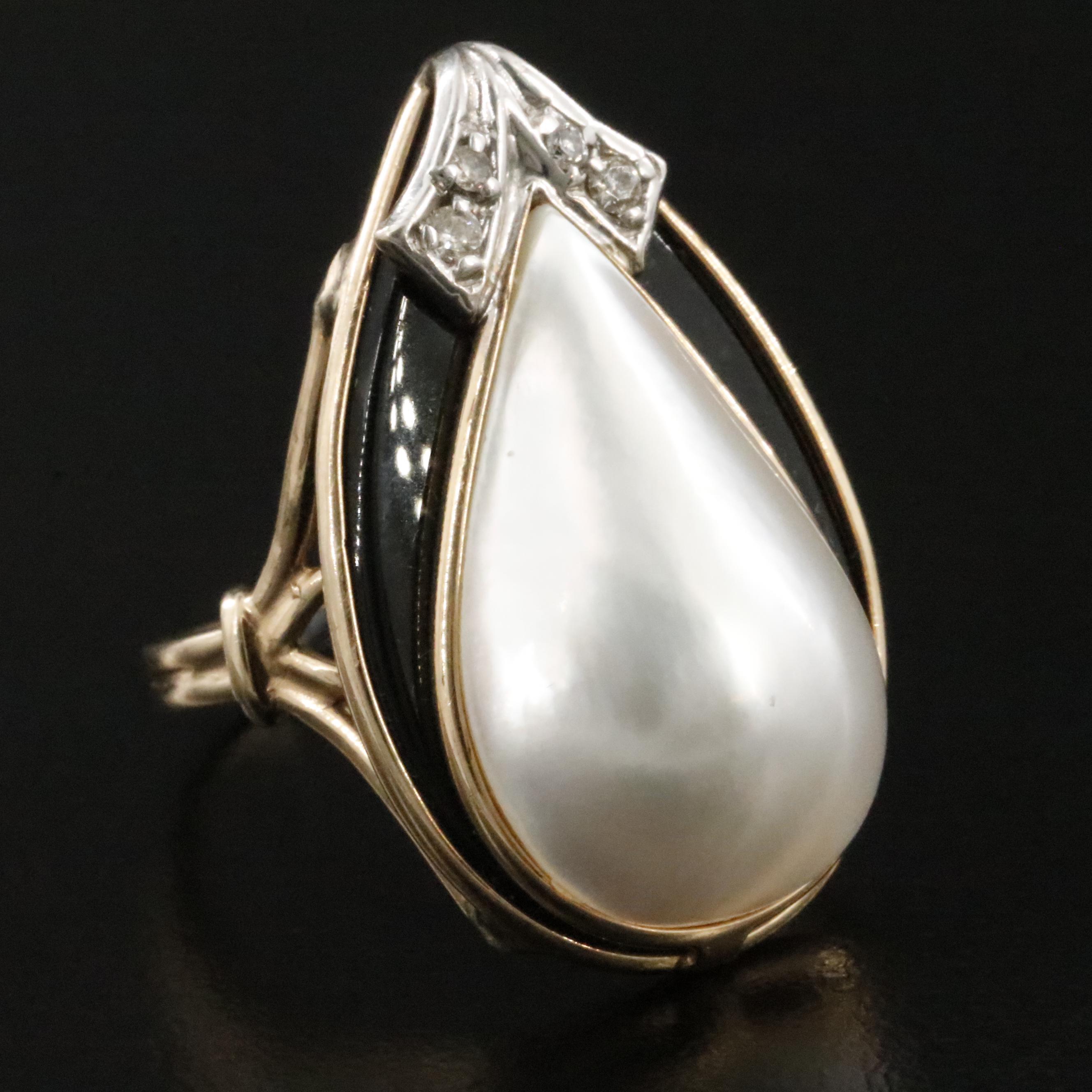 14K Pearl, Black Onyx, and Diamond Ring