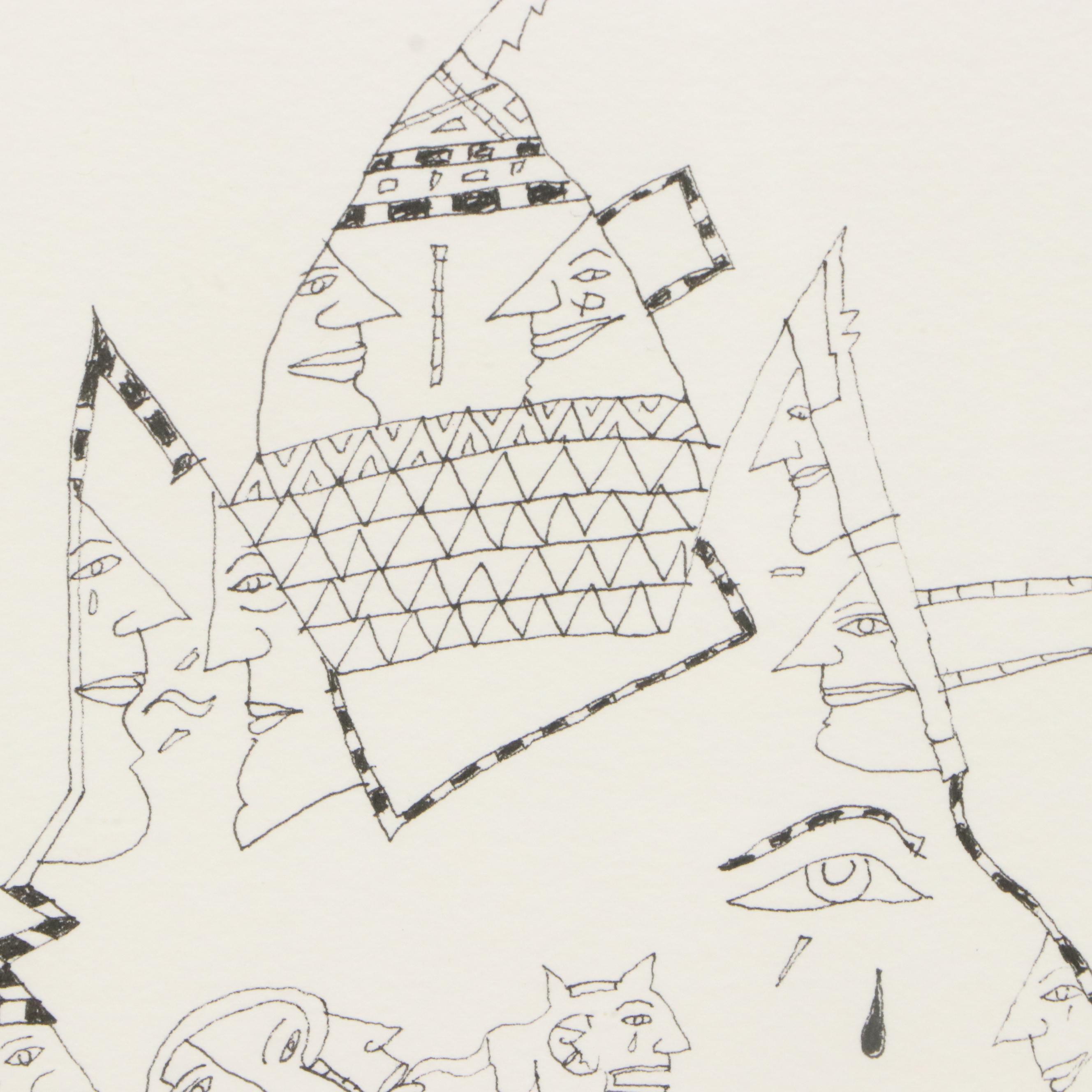 István Horkay Surrealist Figurative Ink Drawing, 1999