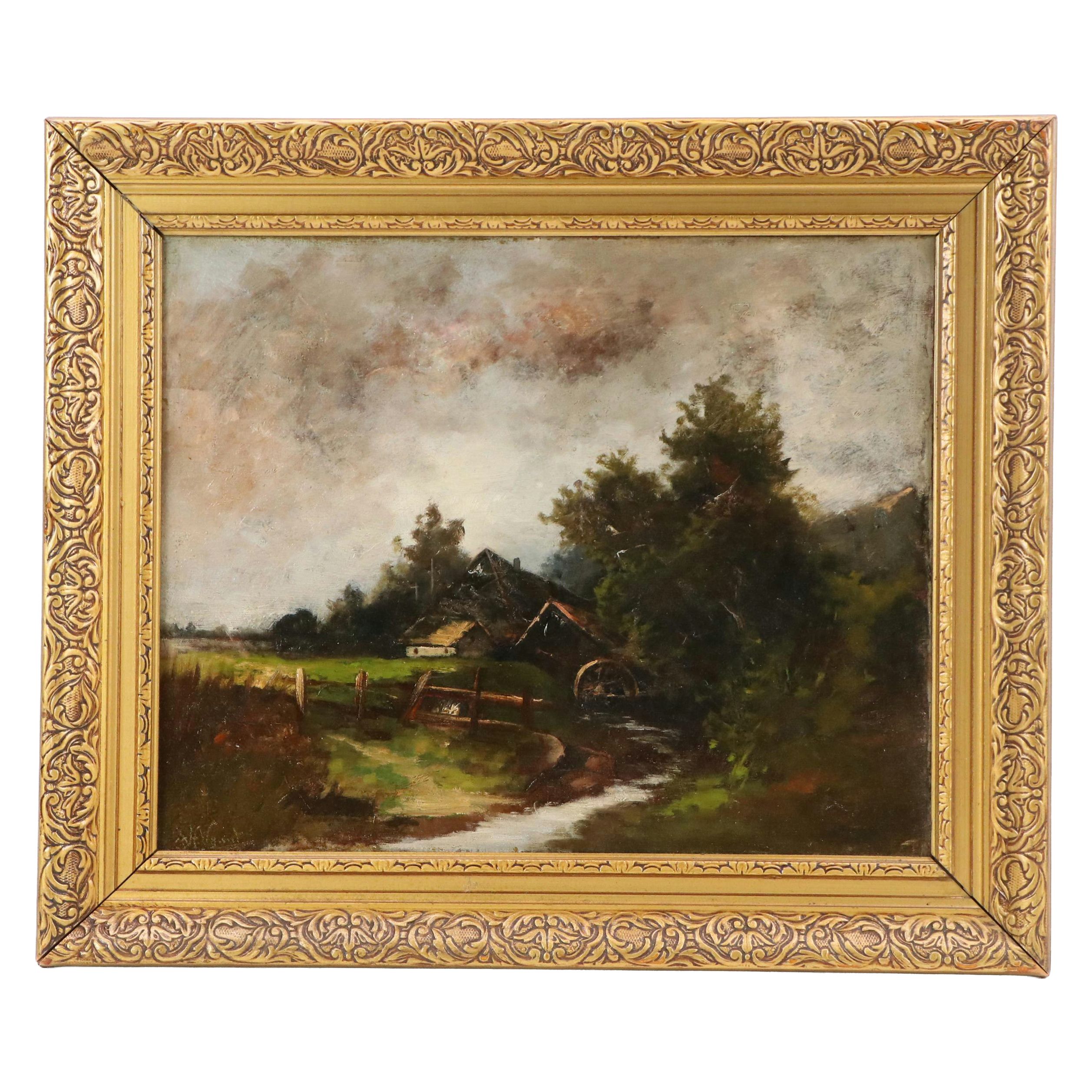 Oil Painting of Landscape with Millhouse, Early to Mid-20th Century