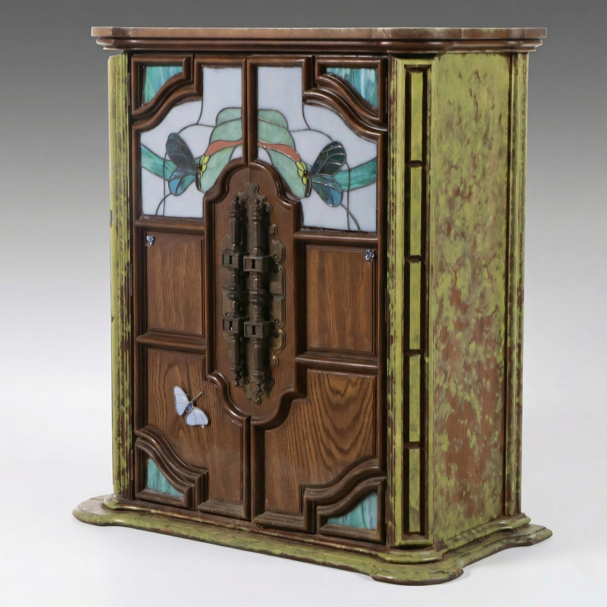 Art Nouveau Style Paint-Decorated Cabinet with Stained Glass Doors