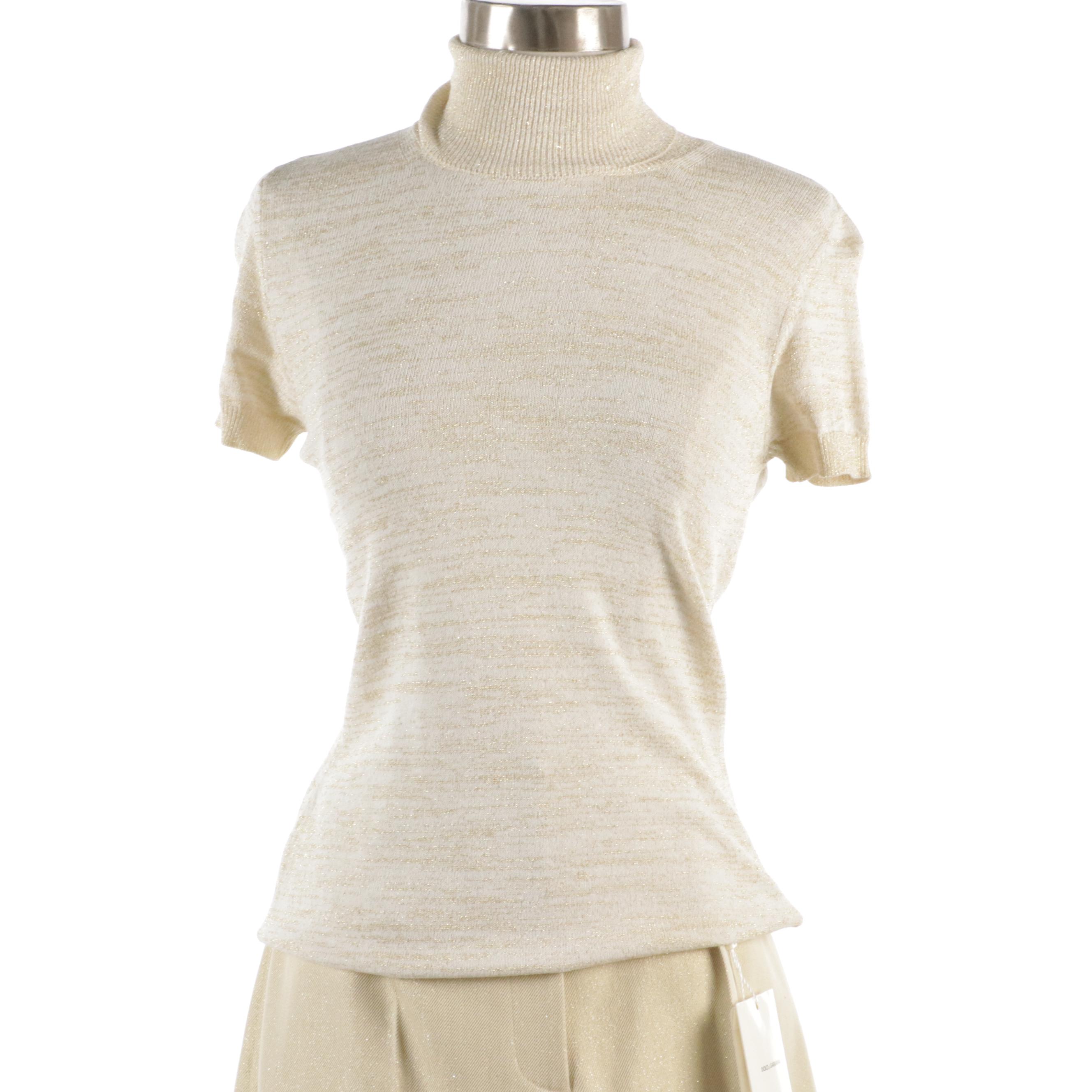 Dolce & Gabbana Short Sleeve Turtleneck Top and Cropped Straight-Leg Trousers