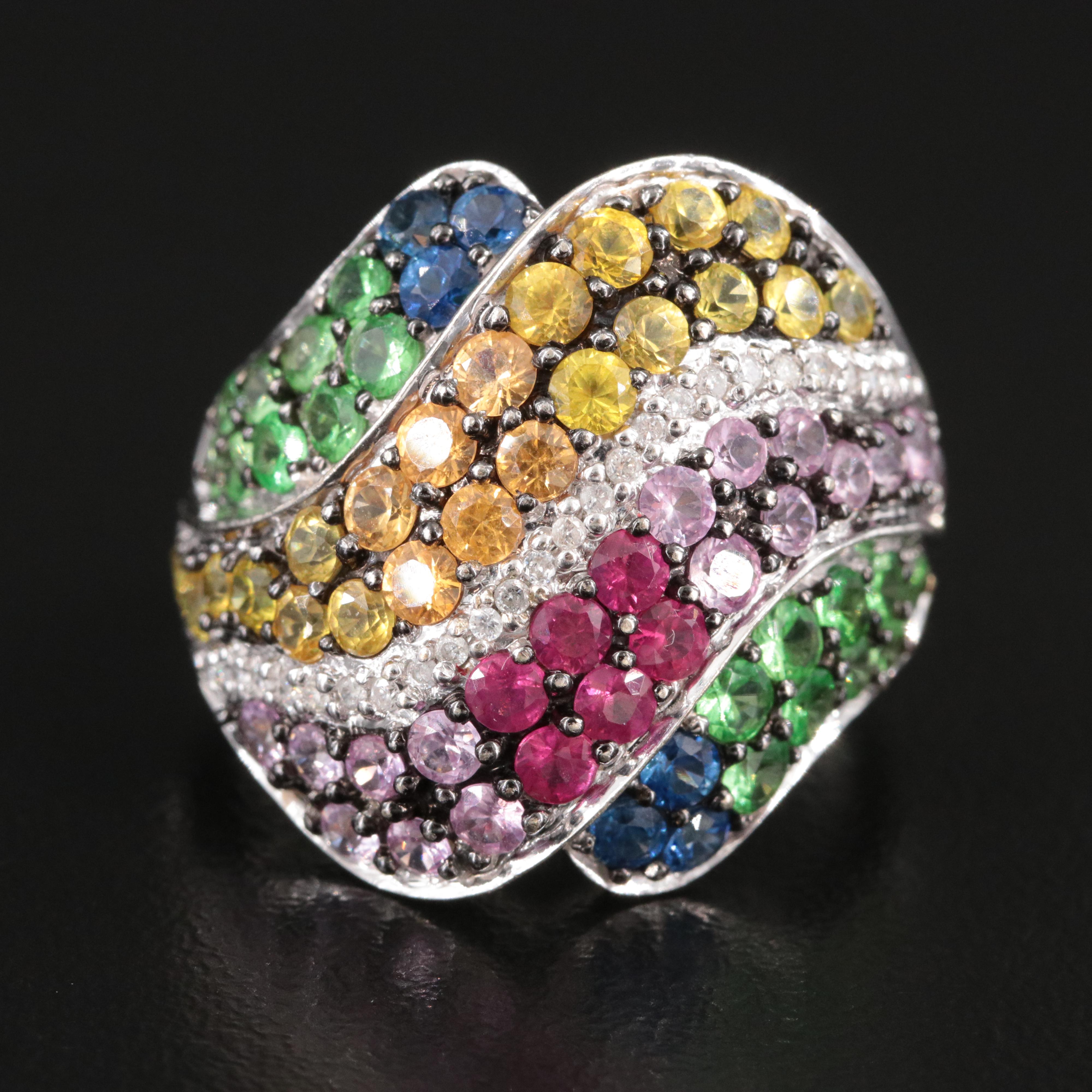 14K Sapphire, Ruby, Tsavorite and Diamond Ring