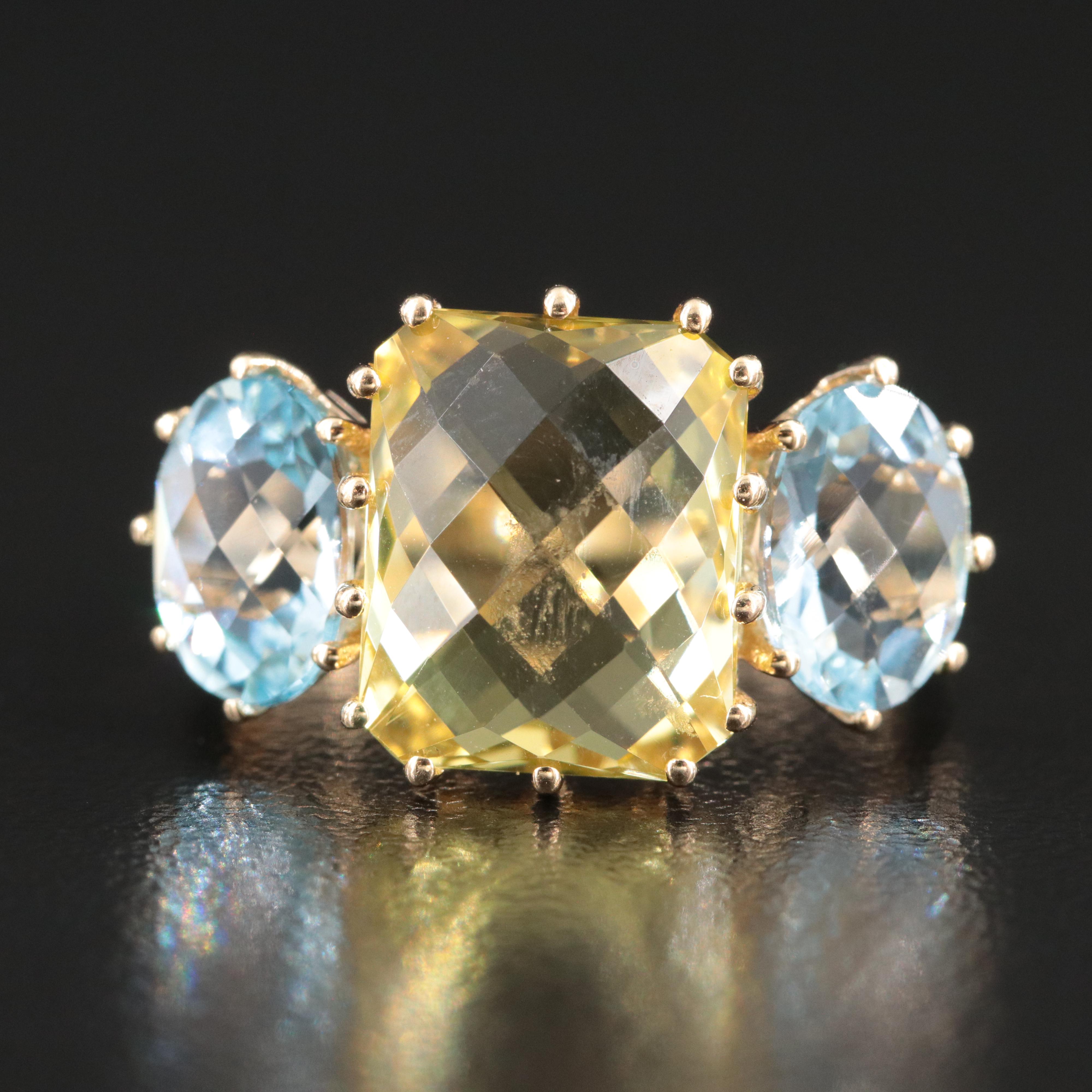 14K Citrine and Blue Topaz Three Stone Ring