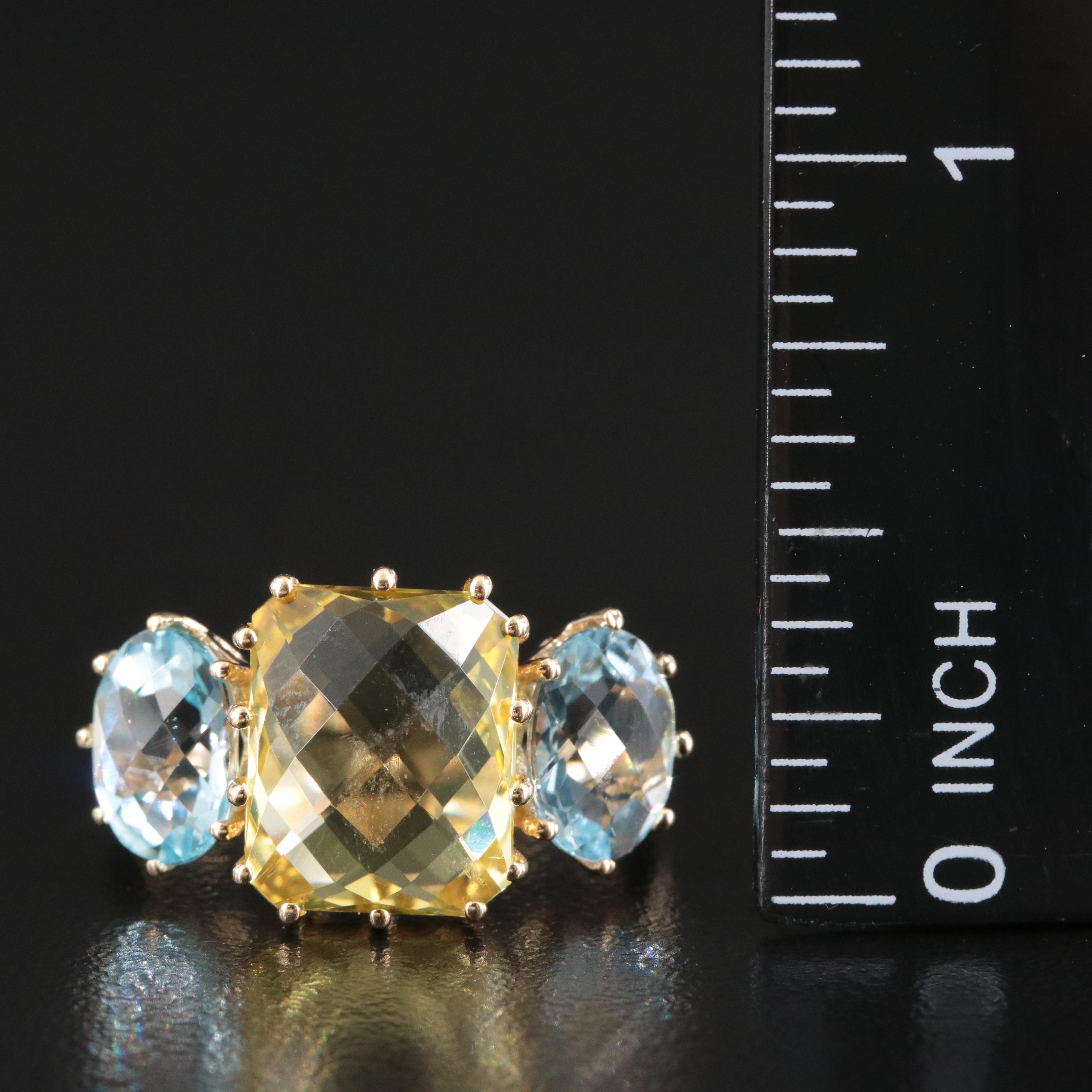 14K Citrine and Blue Topaz Three Stone Ring