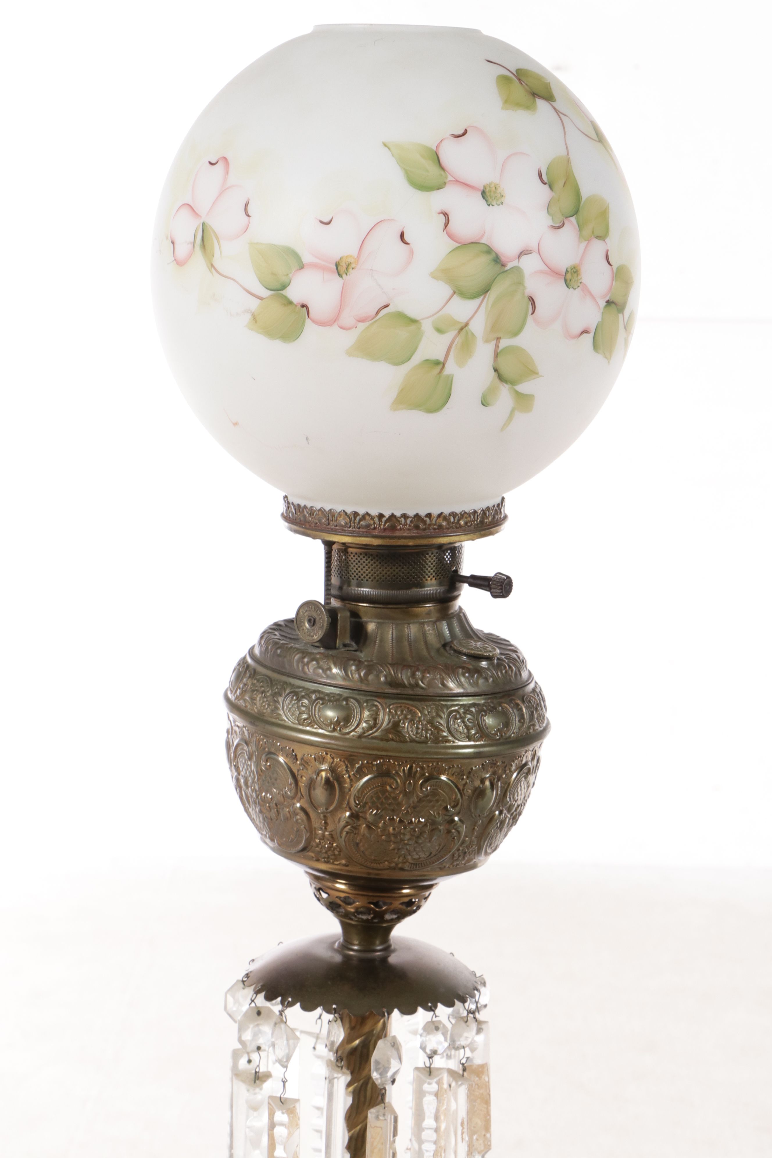 Victorian Juno Lamp Brass and Crystal Piano Oil Floor Lamp, Adapted 20th Century