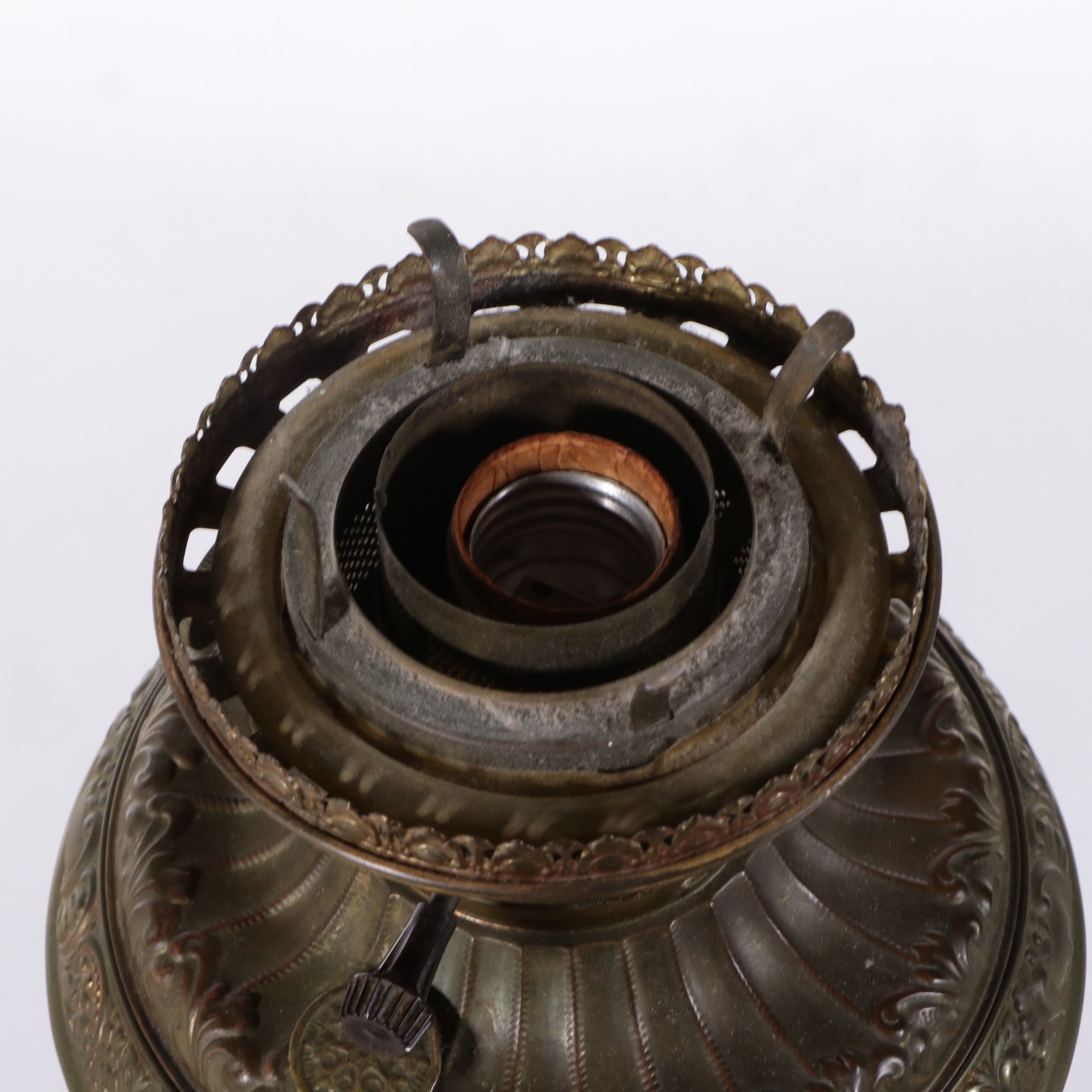 Victorian Juno Lamp Brass and Crystal Piano Oil Floor Lamp, Adapted 20th Century