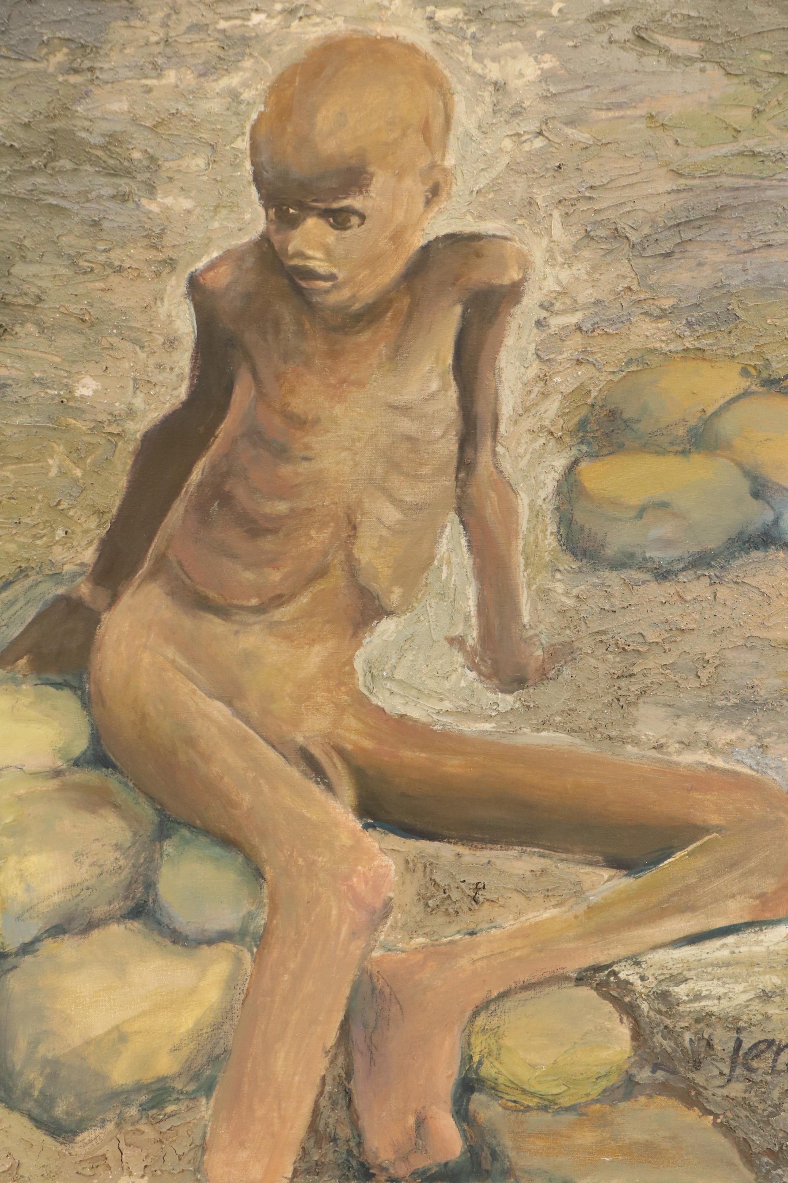 Victoria Jensen Encaustic, Oil, and Sand Painting of Malnourished Child