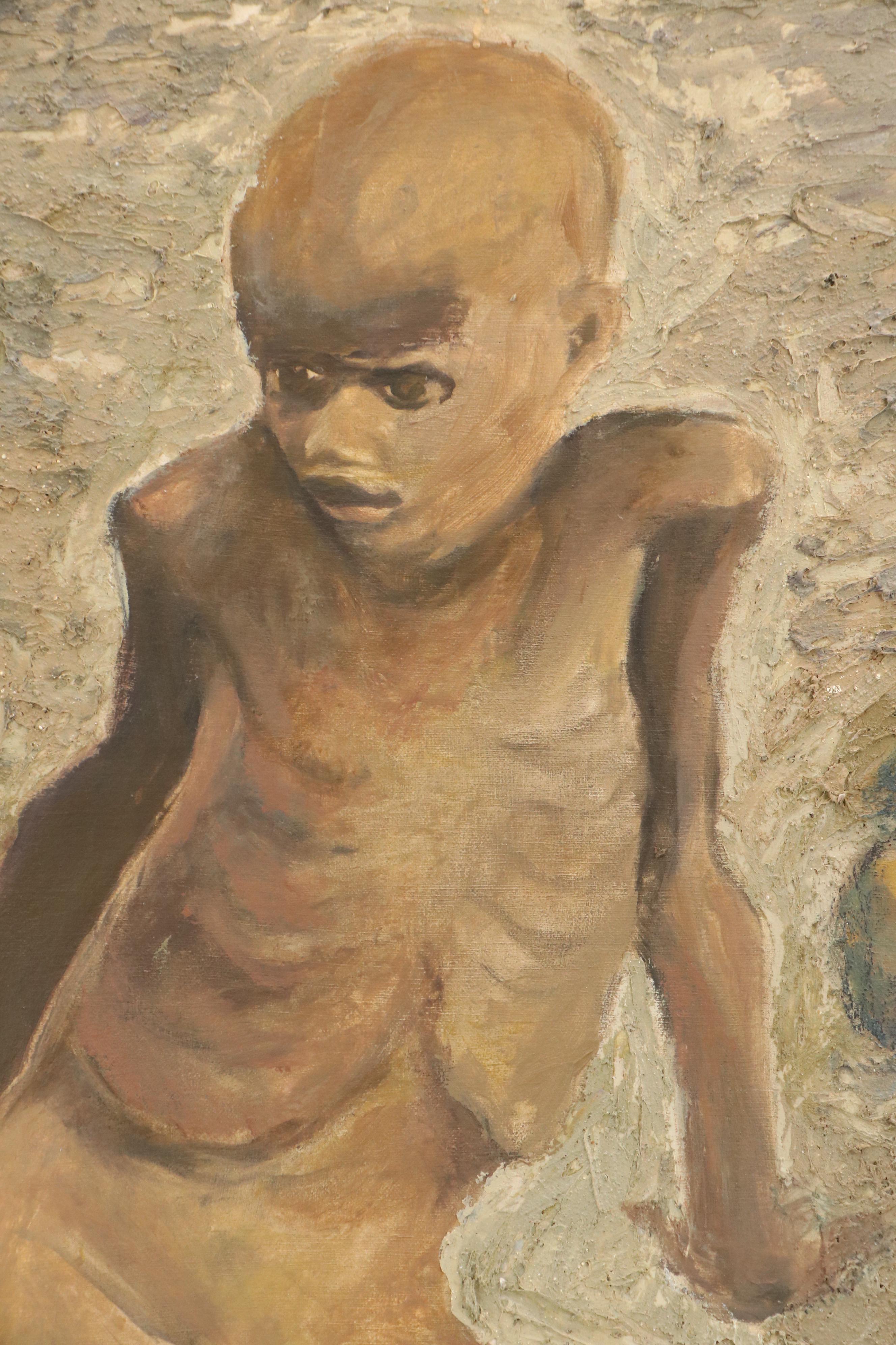 Victoria Jensen Encaustic, Oil, and Sand Painting of Malnourished Child