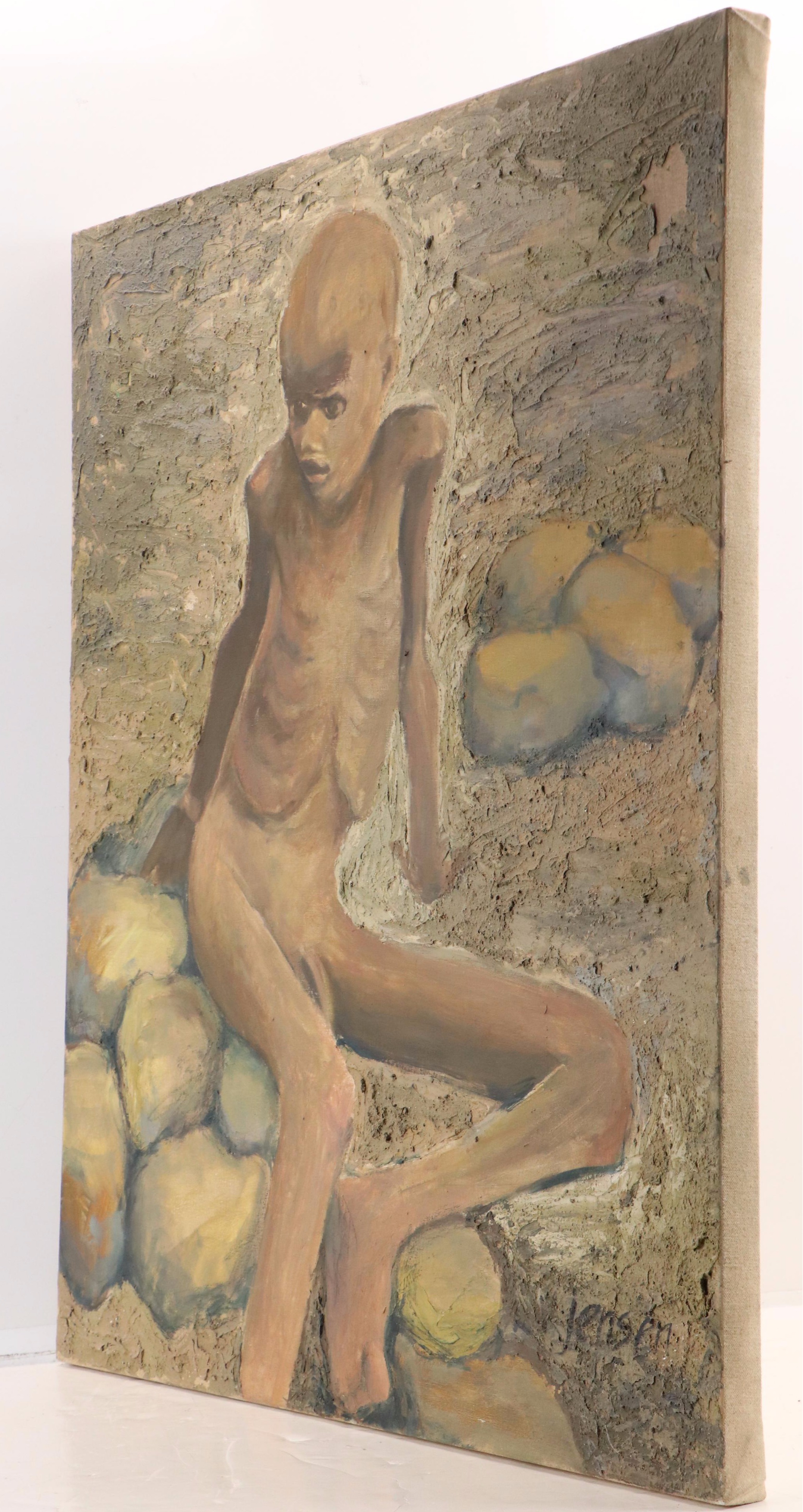 Victoria Jensen Encaustic, Oil, and Sand Painting of Malnourished Child
