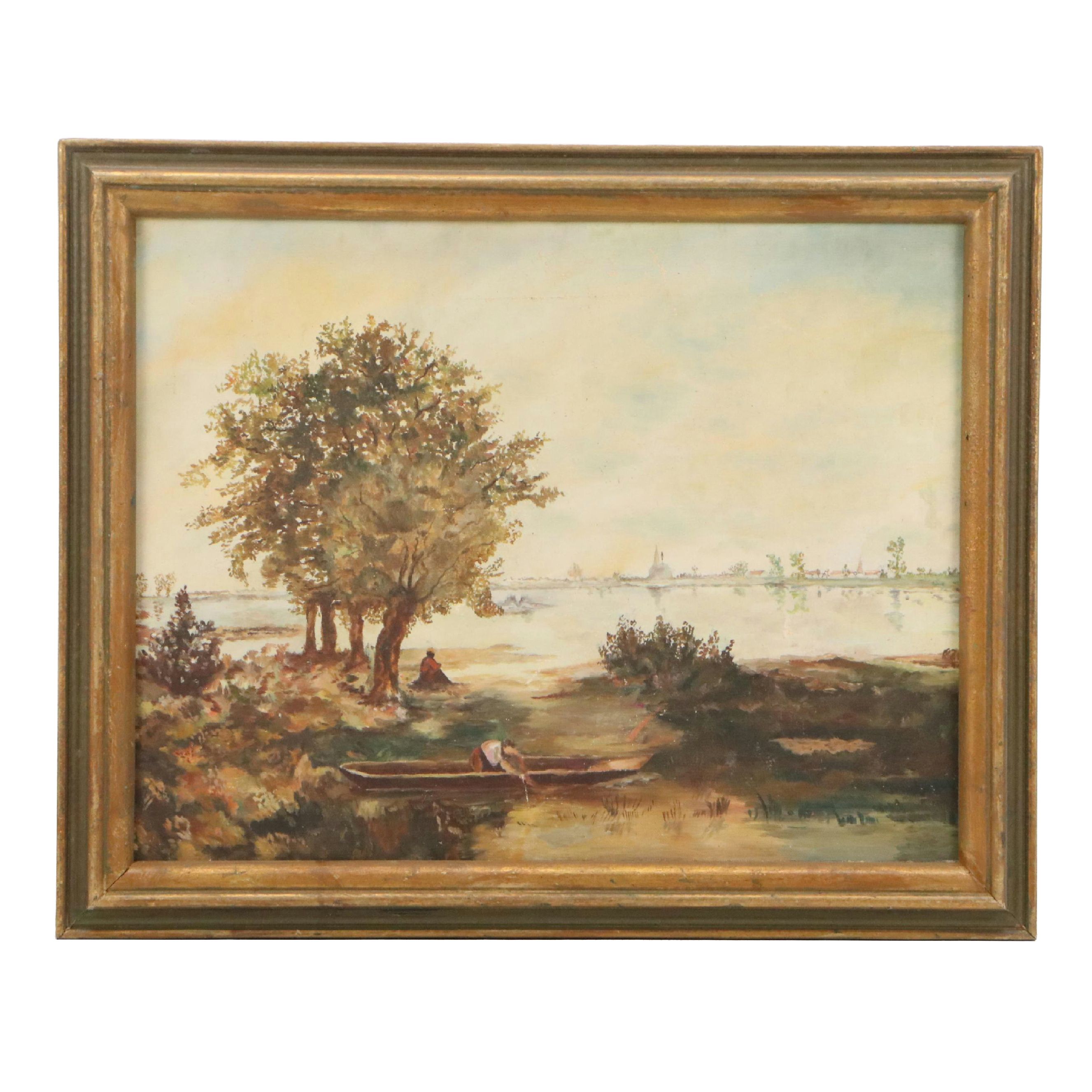 Oil Painting of Figures Along the Shoreline, Early 20th Century