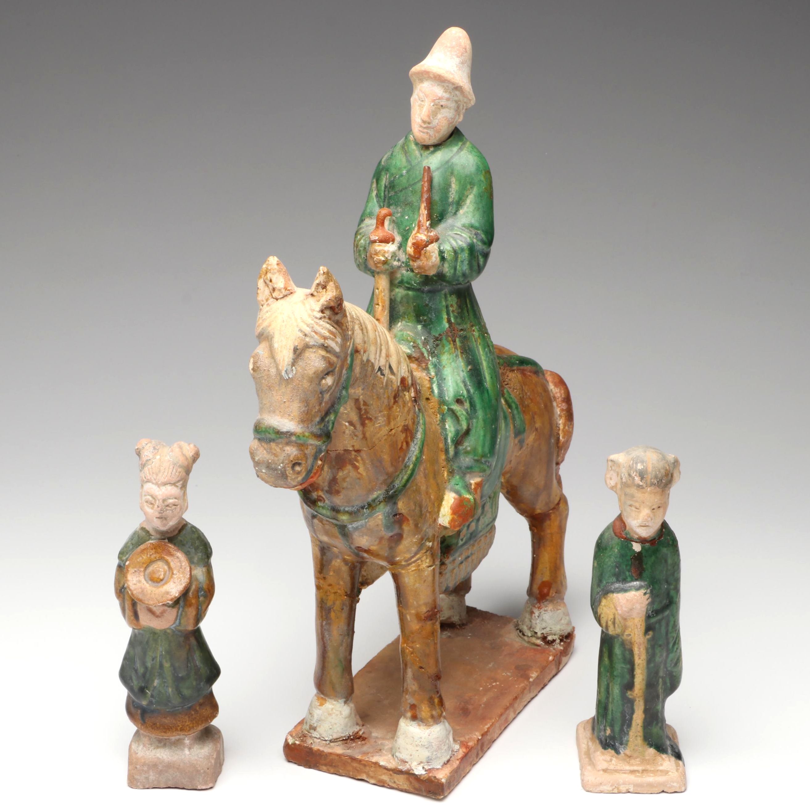 Ming Dynasty Style Sancai Glaze Ceramic Horseman and Other Votive Figures