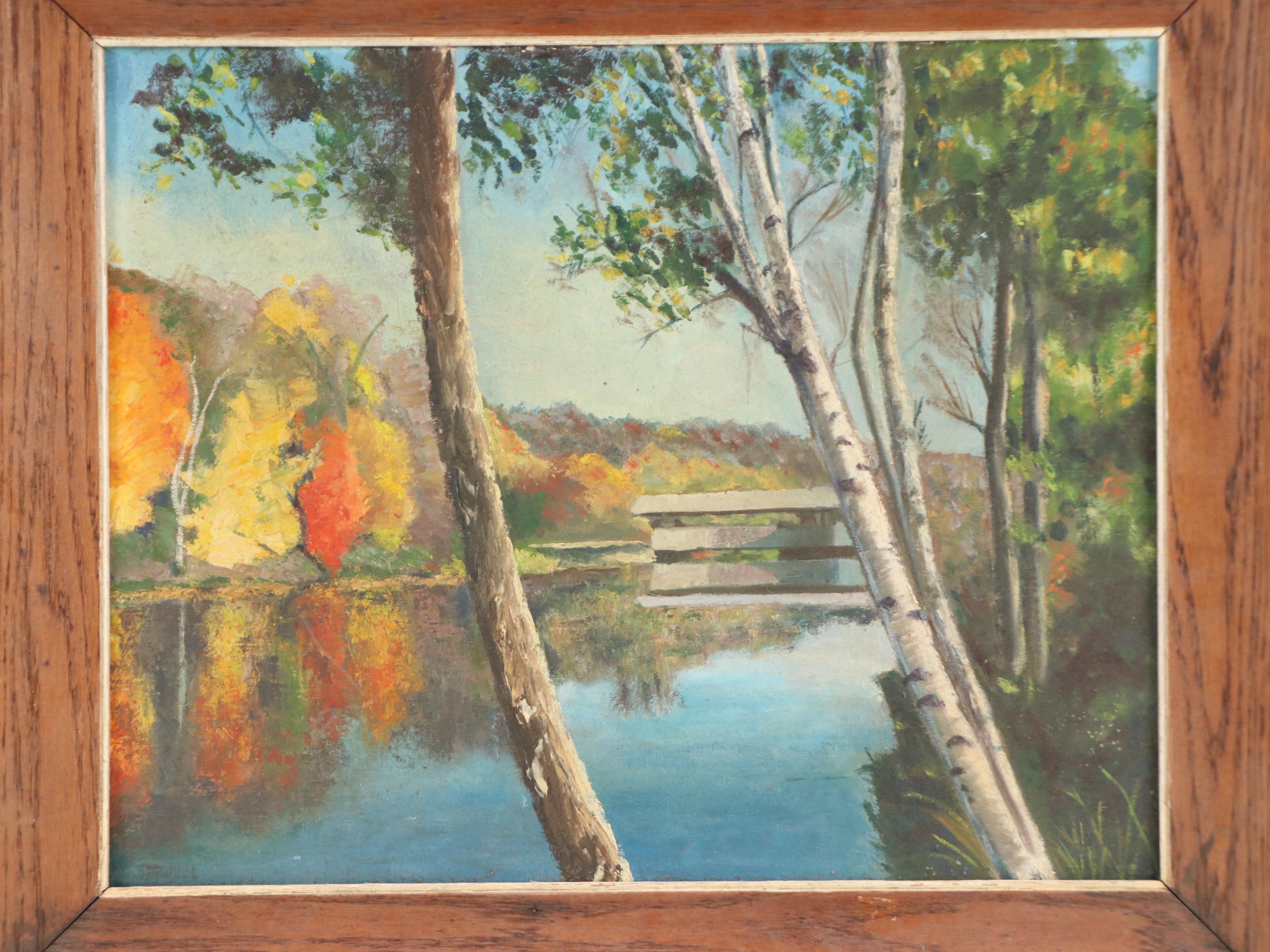American School Autumn Landscape with Covered Bridge Oil Painting