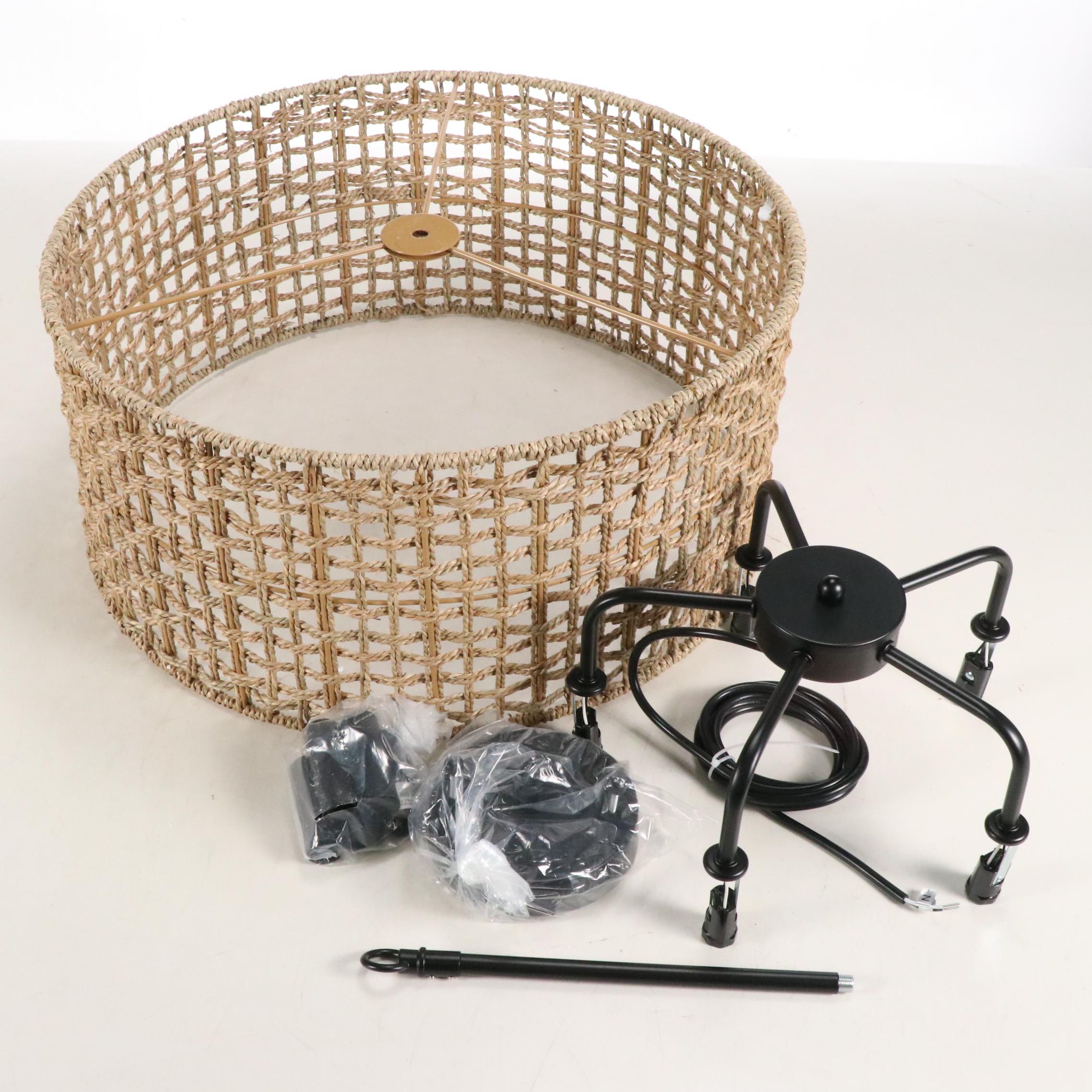 Drum Jute Wicker Five-Arm Pendant Light, 21st Century