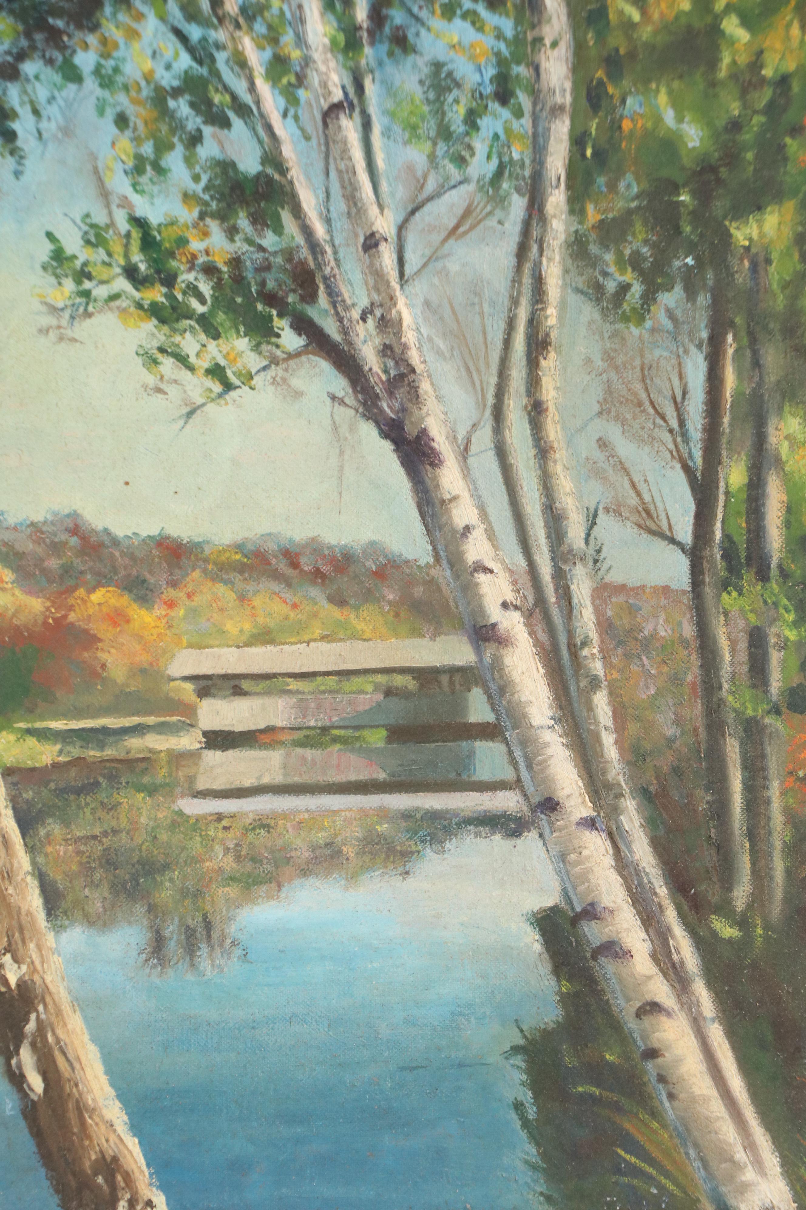 American School Autumn Landscape with Covered Bridge Oil Painting
