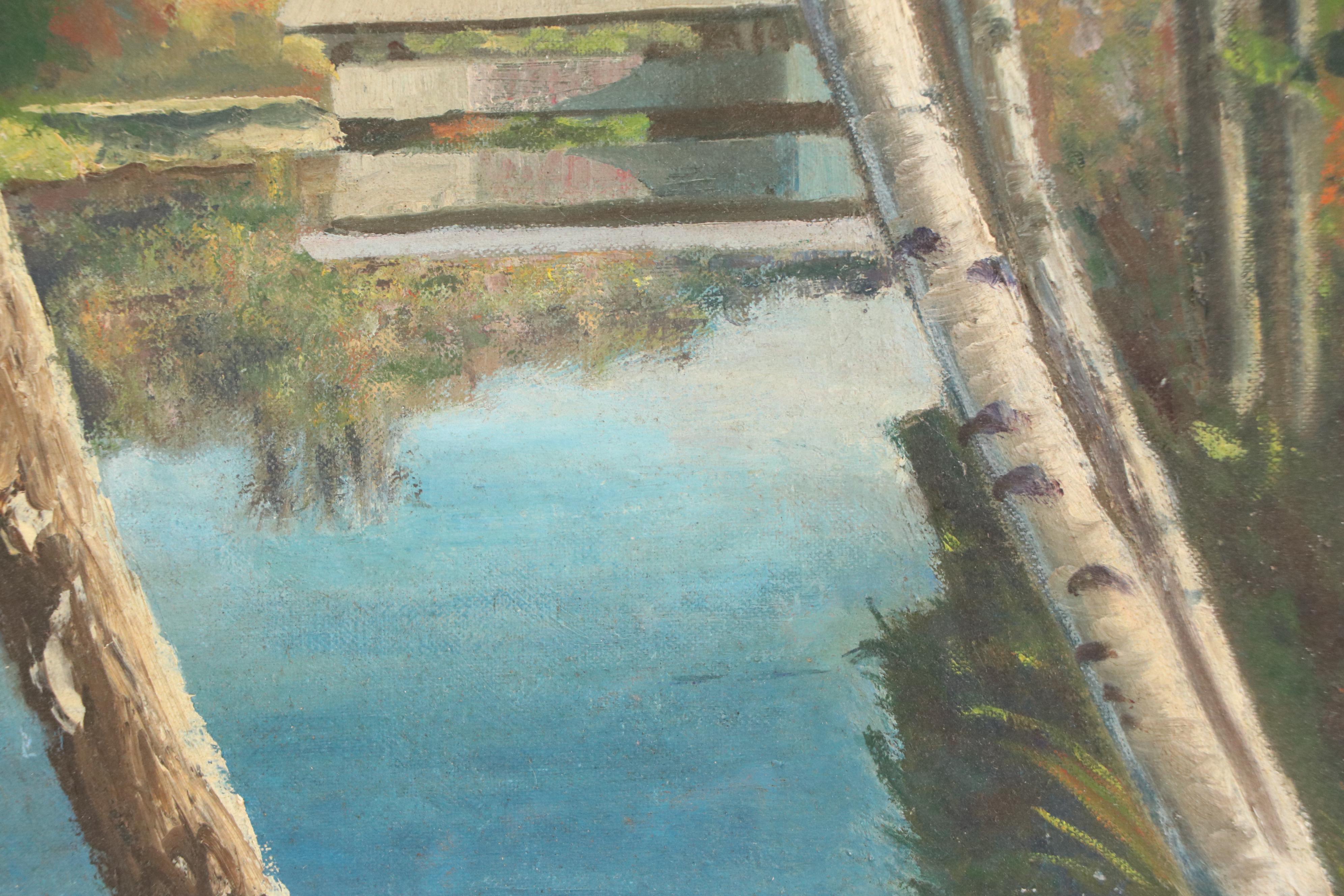 American School Autumn Landscape with Covered Bridge Oil Painting