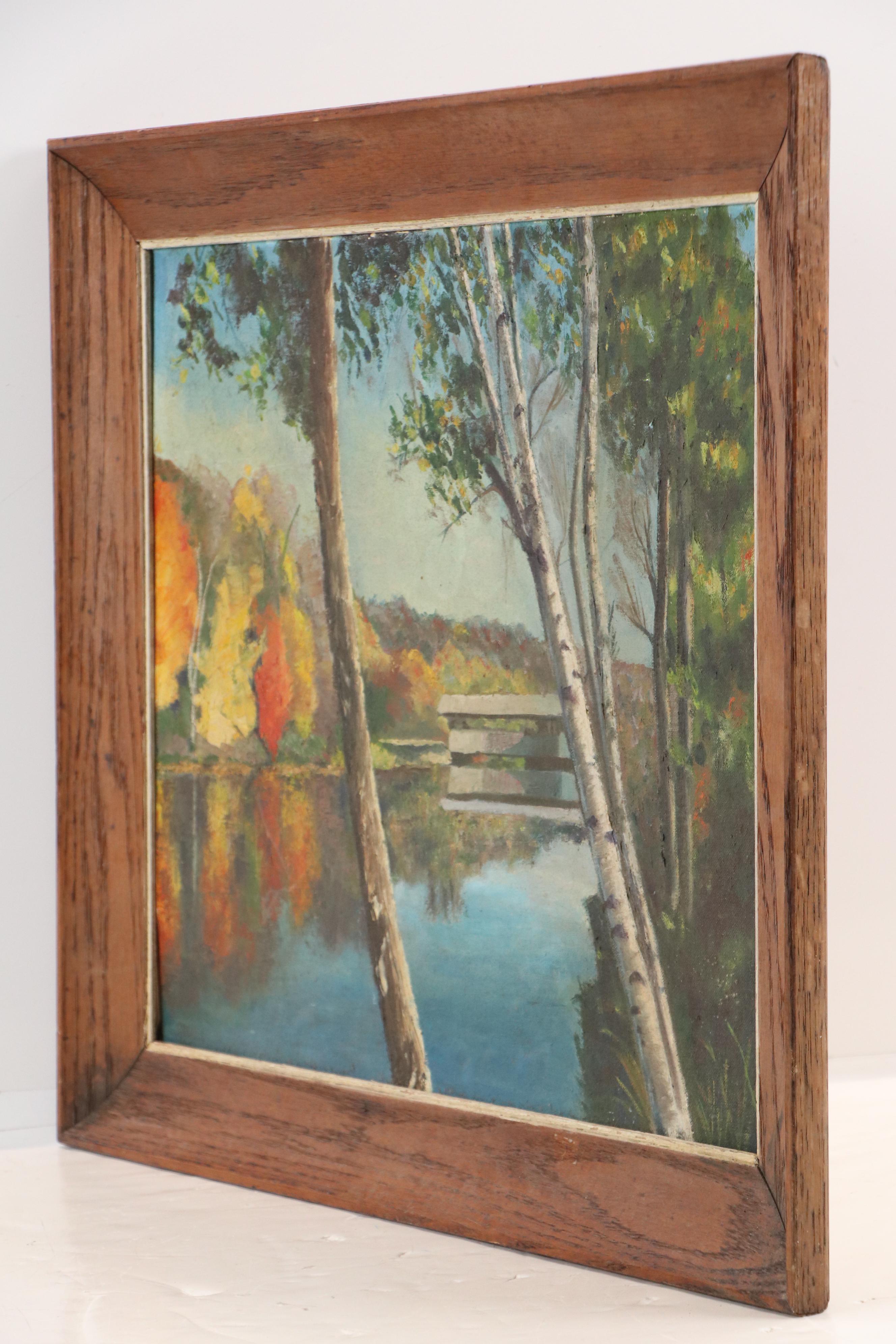 American School Autumn Landscape with Covered Bridge Oil Painting