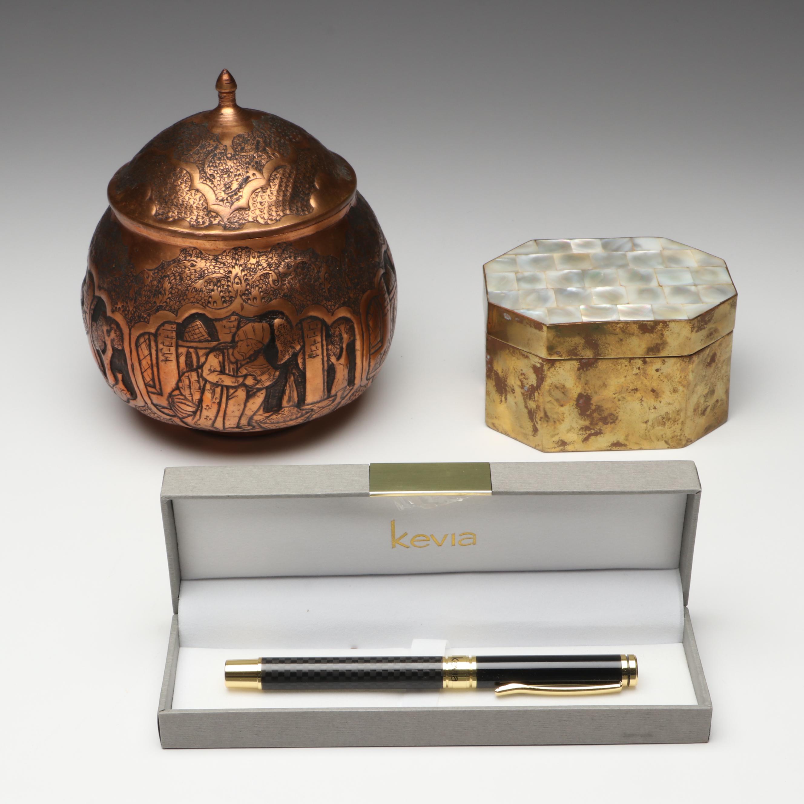 Kevia "Tagebuch" Fountain Pen with Mother-of-Pearl, Brass and Copper Boxes