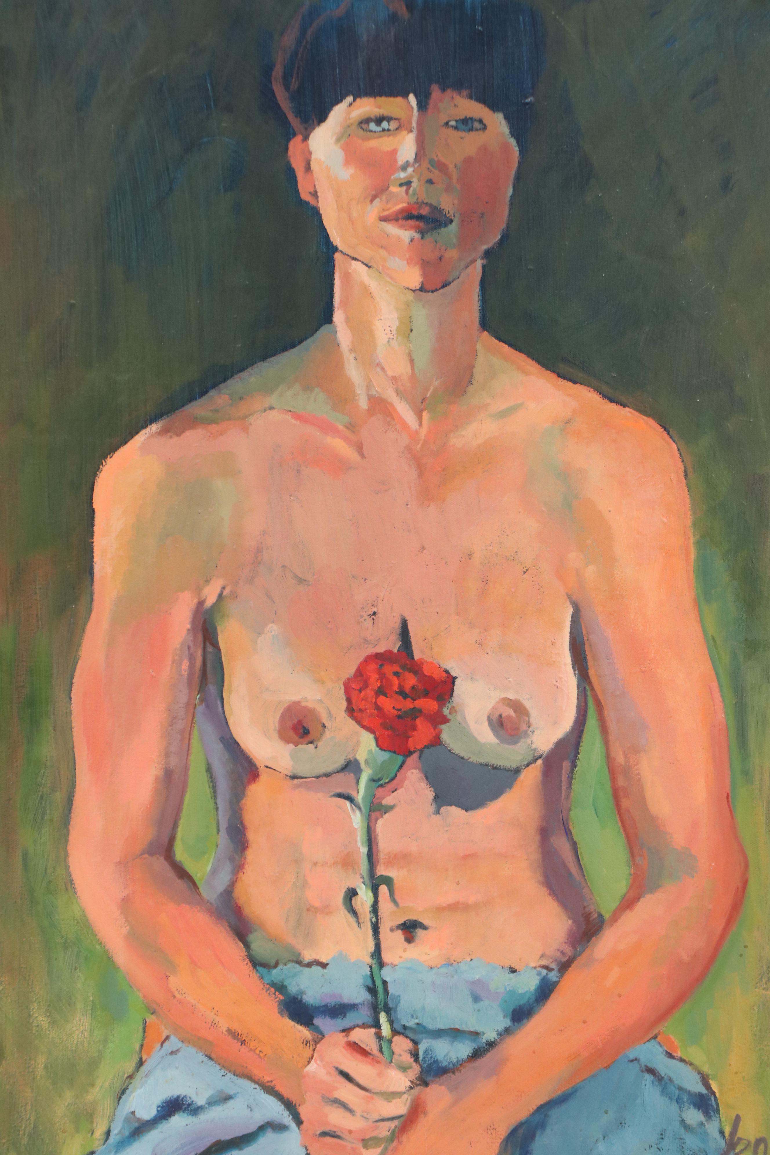 Victoria Jensen Nude Portrait Oil Painting of Woman Holding Flower, 21st Century