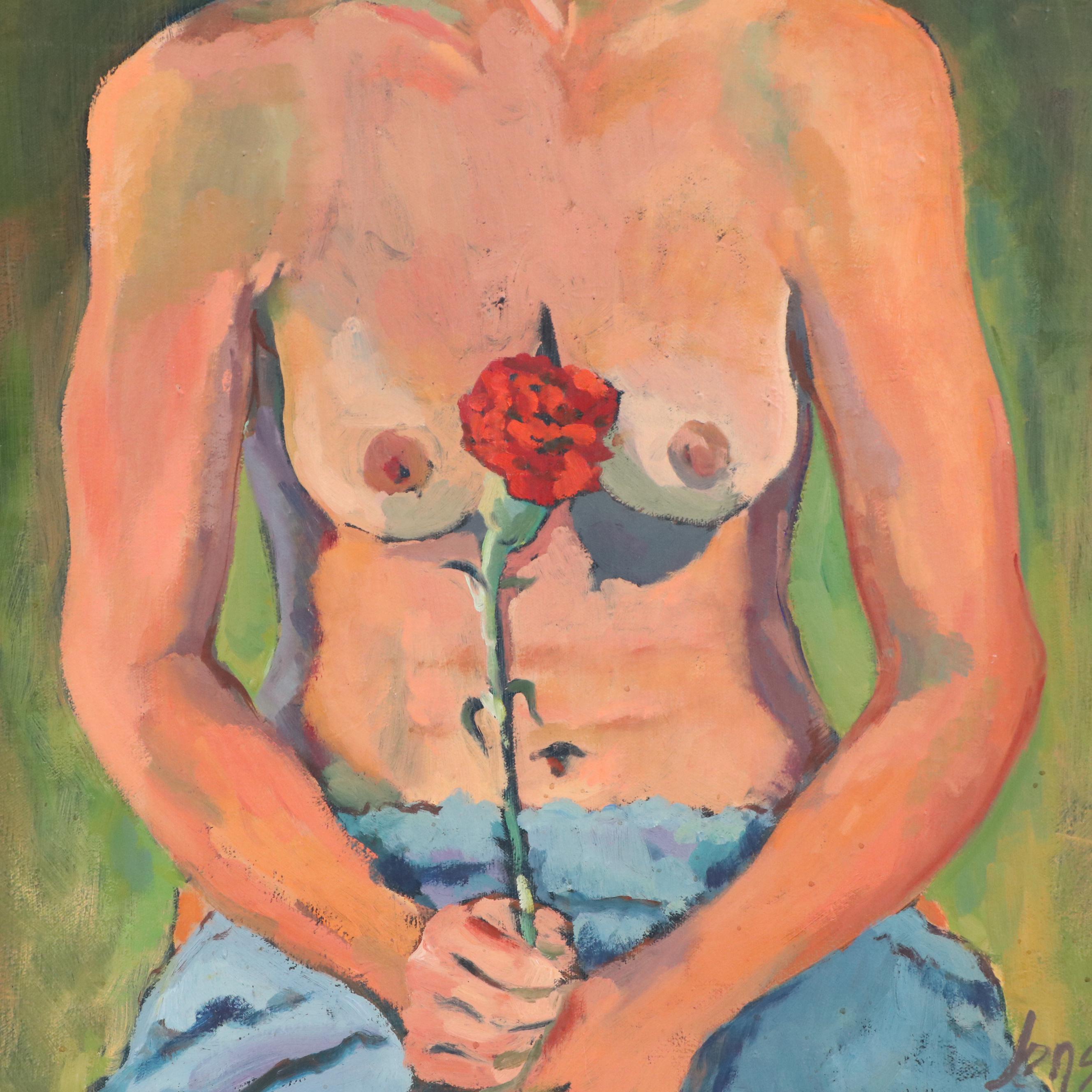 Victoria Jensen Nude Portrait Oil Painting of Woman Holding Flower, 21st Century